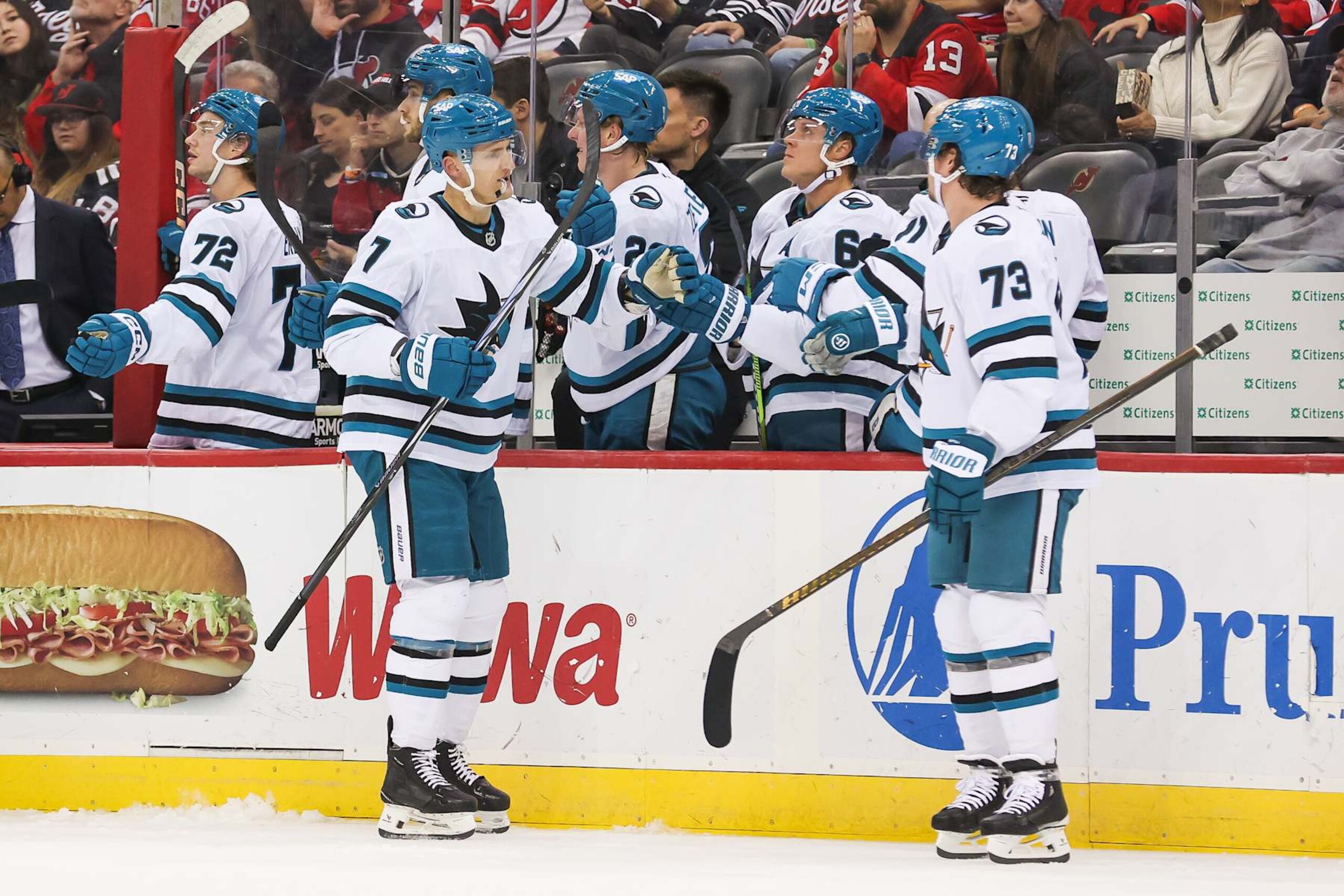 NEWARK, NJ - NOVEMBER 10: San Jose Sharks center Nico Sturm (7) celebrates after scoring a goal during a NHL game between the San Jose Sharks and New Jersey Devils at Prudential Center on November 10, 2024 in Newark, New Jersey. (Photo by Andrew Mordzynski/Icon Sportswire via Getty Images) NEWARK, NJ - NOVEMBER 10: San Jose Sharks center Nico Sturm (7) celebrates after scoring a goal during a NHL game between the San Jose Sharks and New Jersey Devils at Prudential Center on November 10, 2024 in Newark, New Jersey. (Photo by Andrew Mordzynski/Icon Sportswire via Getty Images)