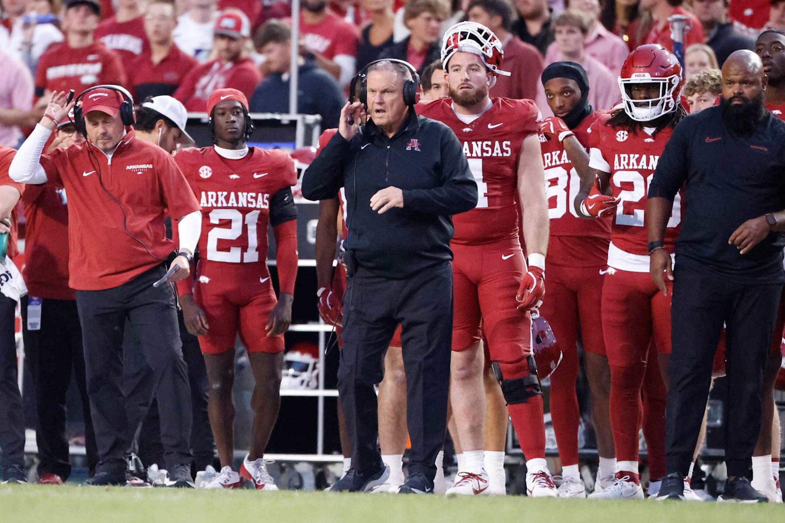 FAYETTEVILLE, AR - OCTOBER 19:  Arkansas Razorbacks head coach Sam Pittman during the college football game between the LSU Tigers and Arkansas Razorbacks on October 19, 2024, at Donald W. Reynolds Razorback Stadium in Fayetteville, Arkansas. (Photo by Andy Altenburger/Icon Sportswire via Getty Images)