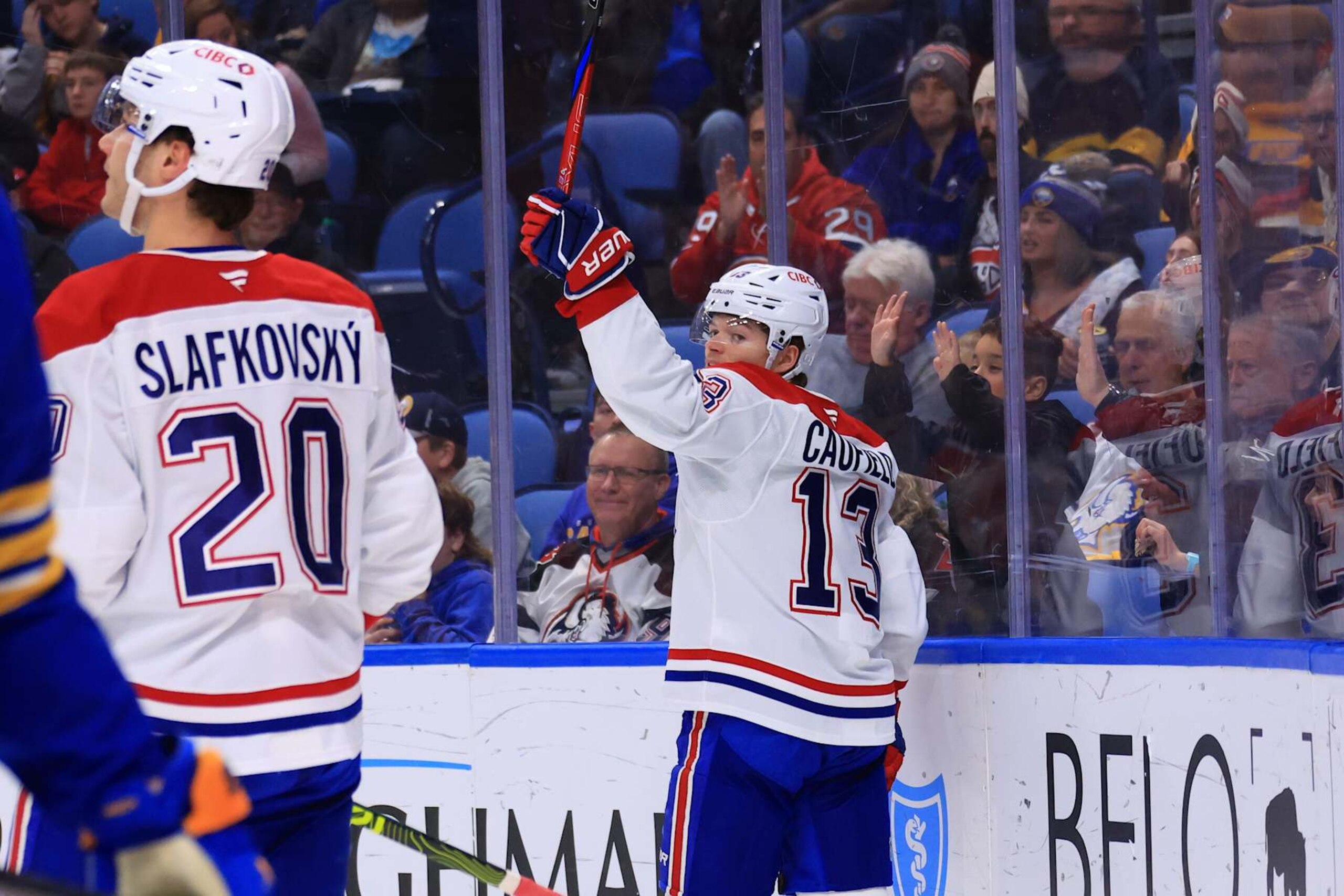 BUFFALO, NEW YORK - NOVEMBER 11: Cole Caufield #13 of the Montreal Canadiens celebrates his second period goal against the Buffalo Sabres during an NHL game on November 11, 2024 at KeyBank Center in Buffalo, New York. (Photo by Bill Wippert/NHLI via Getty Images) BUFFALO, NEW YORK - NOVEMBER 11: Cole Caufield #13 of the Montreal Canadiens celebrates his second period goal against the Buffalo Sabres during an NHL game on November 11, 2024 at KeyBank Center in Buffalo, New York. (Photo by Bill Wippert/NHLI via Getty Images)