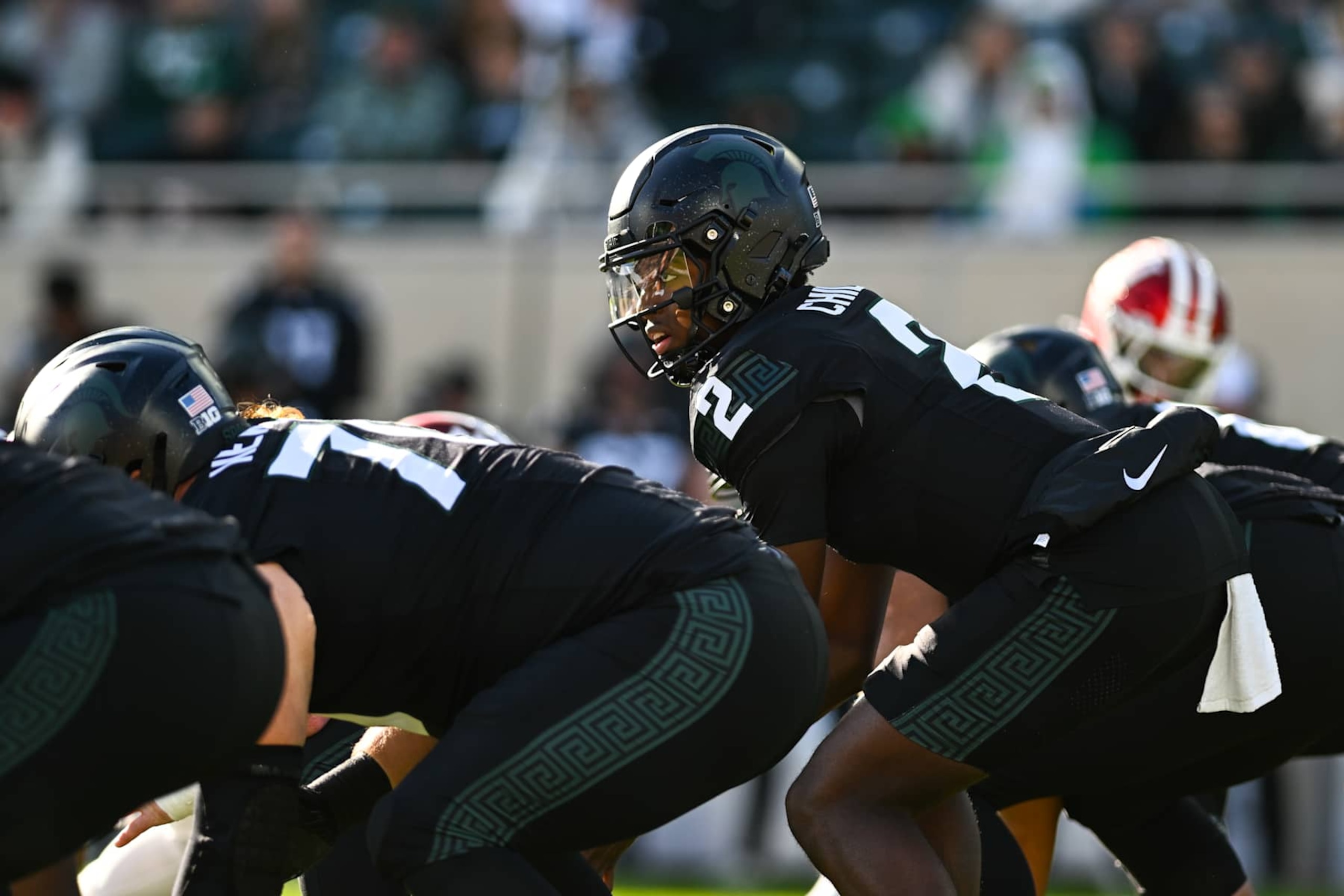 EAST LANSING, MI - NOVEMBER 02: Michigan State Spartans quarterback Aidan Chiles (2) prepares for the snap during a college football game between the Michigan State Spartans and the Indiana Hoosiers on November 2, 2024, at Spartan Stadium in East Lansing, MI. (Photo by Adam Ruff/Icon Sportswire via Getty Images)