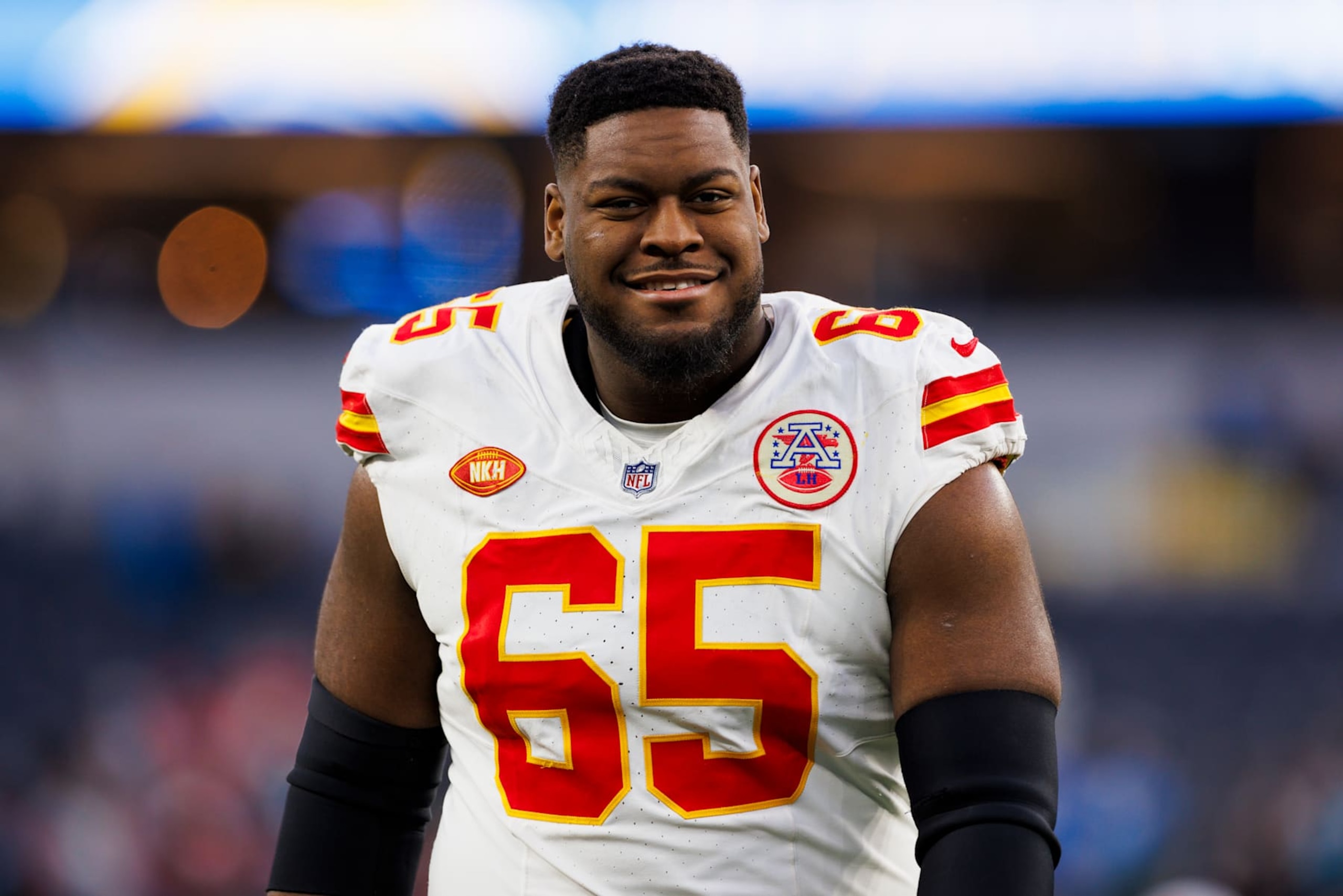 INGLEWOOD, CALIFORNIA - JANUARY 7: Trey Smith #65 of the Kansas City Chiefs walks off the field during a game against the Los Angeles Chargers at SoFi Stadium on January 7, 2024 in Inglewood, California. (Photo by Ric Tapia/Getty Images)