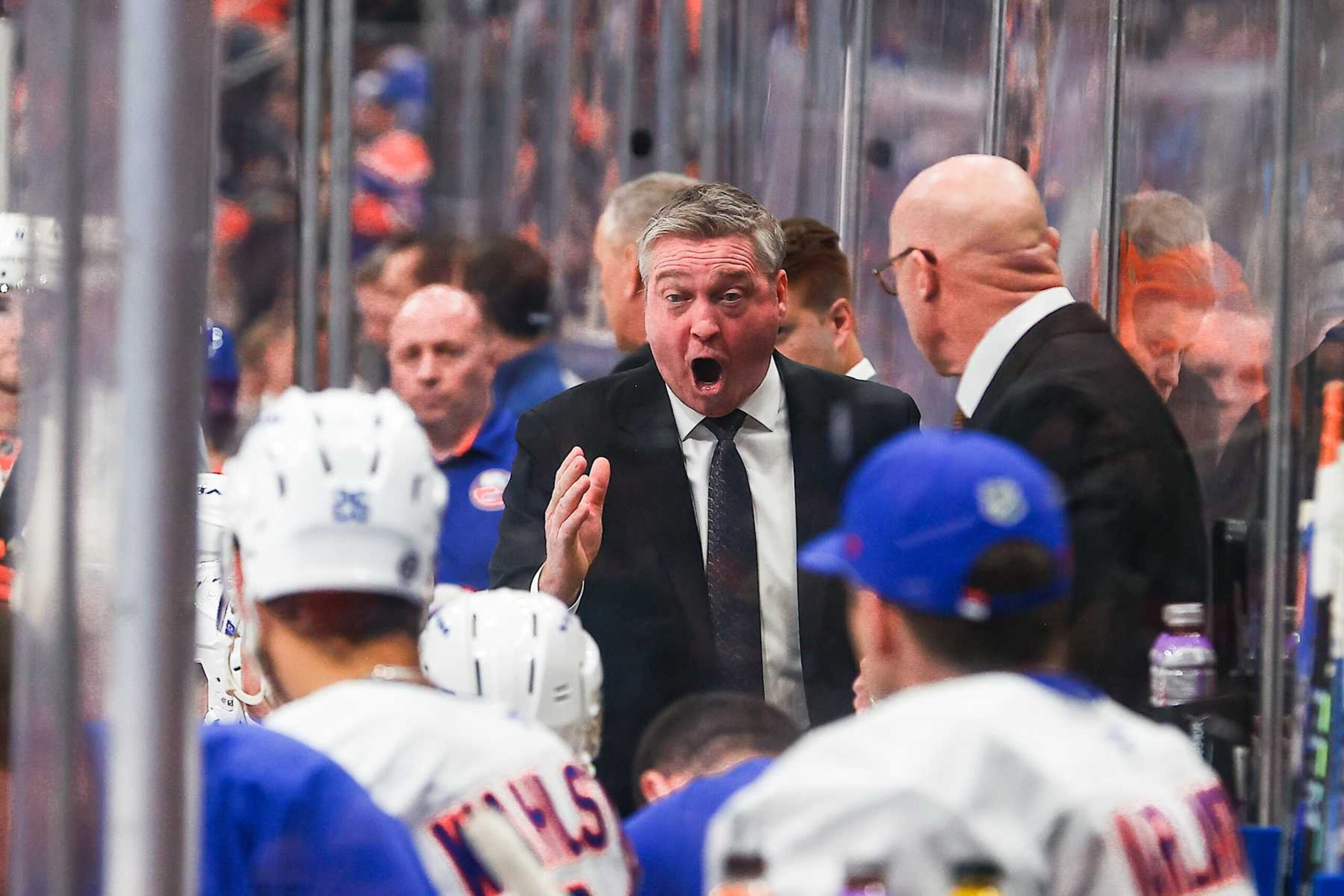 EDMONTON, AB - NOVEMBER 12: Islanders head coach Patrick Roy yells at his players in the third period of the Edmonton Oilers game versus the New York Islanders on November 12, 2024 at Rogers Place in Edmonton, AB. (Photo by Curtis Comeau/Icon Sportswire via Getty Images) EDMONTON, AB - NOVEMBER 12: Islanders head coach Patrick Roy yells at his players in the third period of the Edmonton Oilers game versus the New York Islanders on November 12, 2024 at Rogers Place in Edmonton, AB. (Photo by Curtis Comeau/Icon Sportswire via Getty Images)