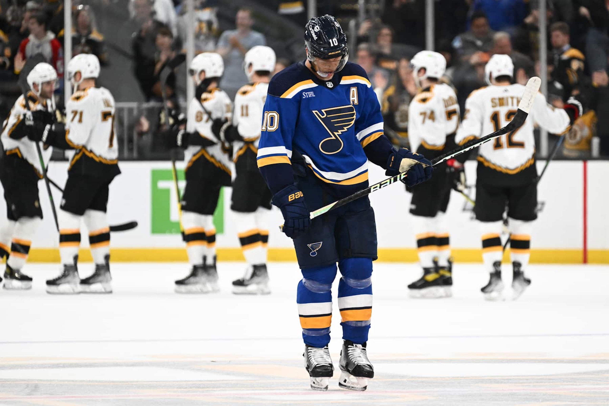 BOSTON, MASSACHUSETTS - NOVEMBER 07: Brayden Schenn #10 of the St. Louis Blues skates off of the ice after the Blues lost 3-1 to the Boston Bruins at the TD Garden on November 07, 2022 in Boston, Massachusetts. (Photo by Brian Fluharty/Getty Images) BOSTON, MASSACHUSETTS - NOVEMBER 07: Brayden Schenn #10 of the St. Louis Blues skates off of the ice after the Blues lost 3-1 to the Boston Bruins at the TD Garden on November 07, 2022 in Boston, Massachusetts. (Photo by Brian Fluharty/Getty Images)