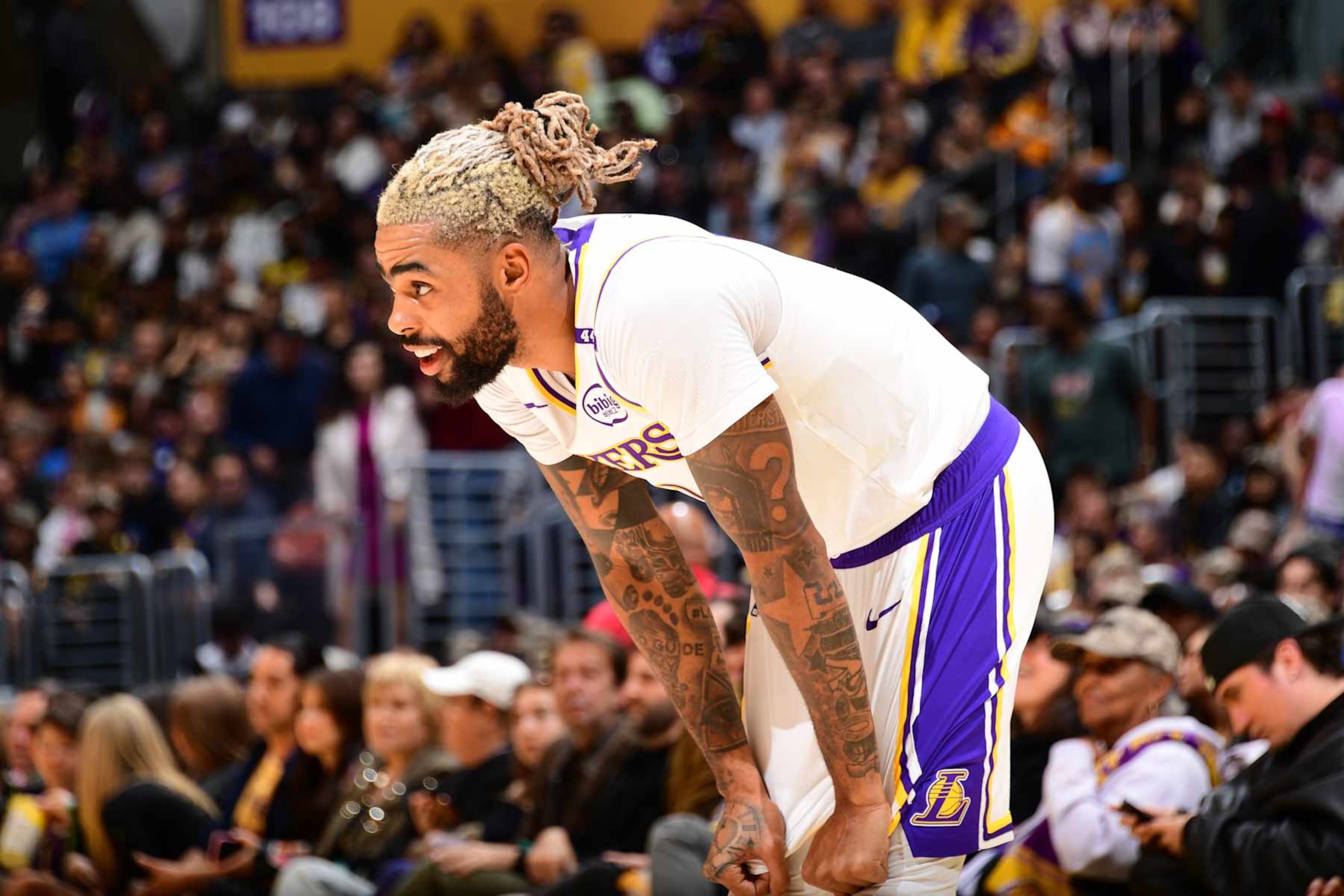 LOS ANGELES, CA - NOVEMBER 10: D'Angelo Russell #1 of the Los Angeles Lakers smiles during the game against the Toronto Raptors on November 10, 2024 at Crypto.Com Arena in Los Angeles, California. NOTE TO USER: User expressly acknowledges and agrees that, by downloading and/or using this Photograph, user is consenting to the terms and conditions of the Getty Images License Agreement. Mandatory Copyright Notice: Copyright 2024 NBAE (Photo by Adam Pantozzi/NBAE via Getty Images)