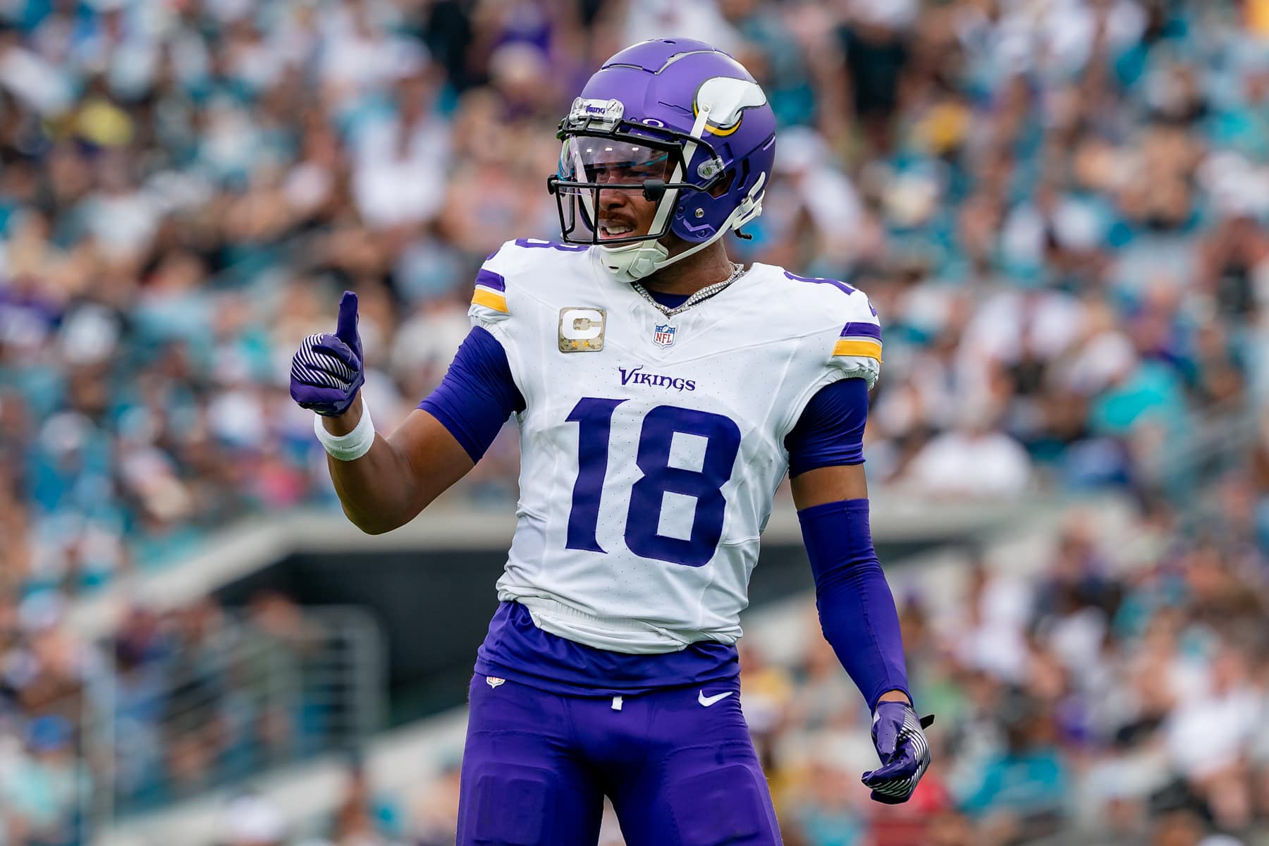 JACKSONVILLE, FL - NOVEMBER 10: Minnesota Vikings wide receiver Justin Jefferson (18) signals to the sideline during an NFL game between the Minnesota Vikings and the Jacksonville Jaguars on November 10th, 2024 at EverBank Stadium in Jacksonville, FL.(Photo by Chris Leduc/Icon Sportswire via Getty Images) JACKSONVILLE, FL - NOVEMBER 10: Minnesota Vikings wide receiver Justin Jefferson (18) signals to the sideline during an NFL game between the Minnesota Vikings and the Jacksonville Jaguars on November 10th, 2024 at EverBank Stadium in Jacksonville, FL.(Photo by Chris Leduc/Icon Sportswire via Getty Images)