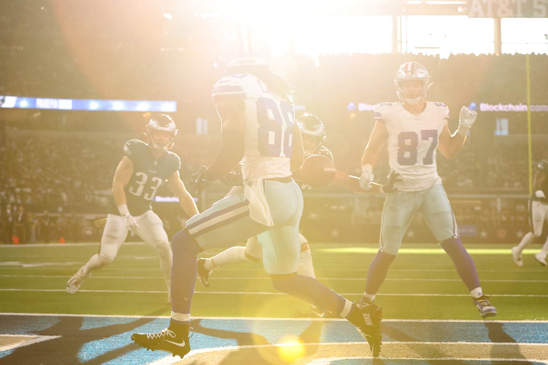 ARLINGTON, TEXAS - NOVEMBER 10: CeeDee Lamb #88 of the Dallas Cowboys runs past a pass thrown in the endzone during the first half against the Philadelphia Eagles at AT&T Stadium on November 10, 2024 in Arlington, Texas. (Photo by Sam Hodde/Getty Images)