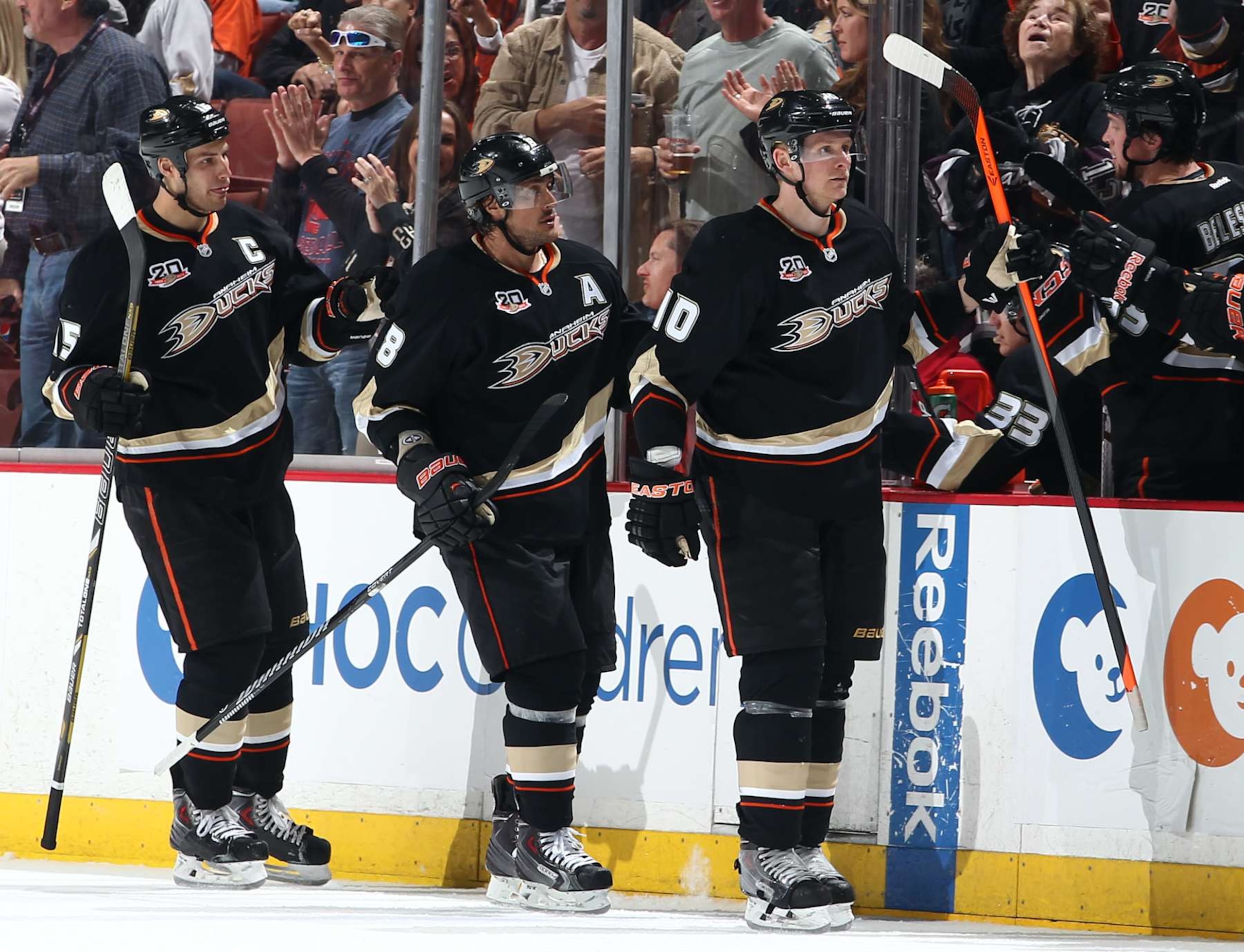 Anaheim Ducks forward Ryan Getzlaf (left), Teemu Selänne, and Corey Perry during the 2013-14 season. Anaheim Ducks forward Ryan Getzlaf (left), Teemu Selänne, and Corey Perry during the 2013-14 season.