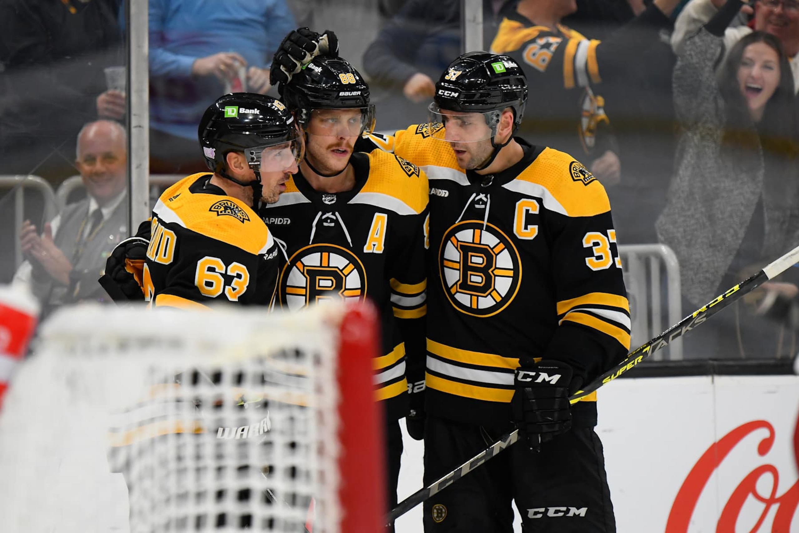 Boston Bruins forwards Brad Marchand (left), David PastrÅák and Patrice Bergeron during the 2022-23 season. Boston Bruins forwards Brad Marchand (left), David PastrÅák and Patrice Bergeron during the 2022-23 season.