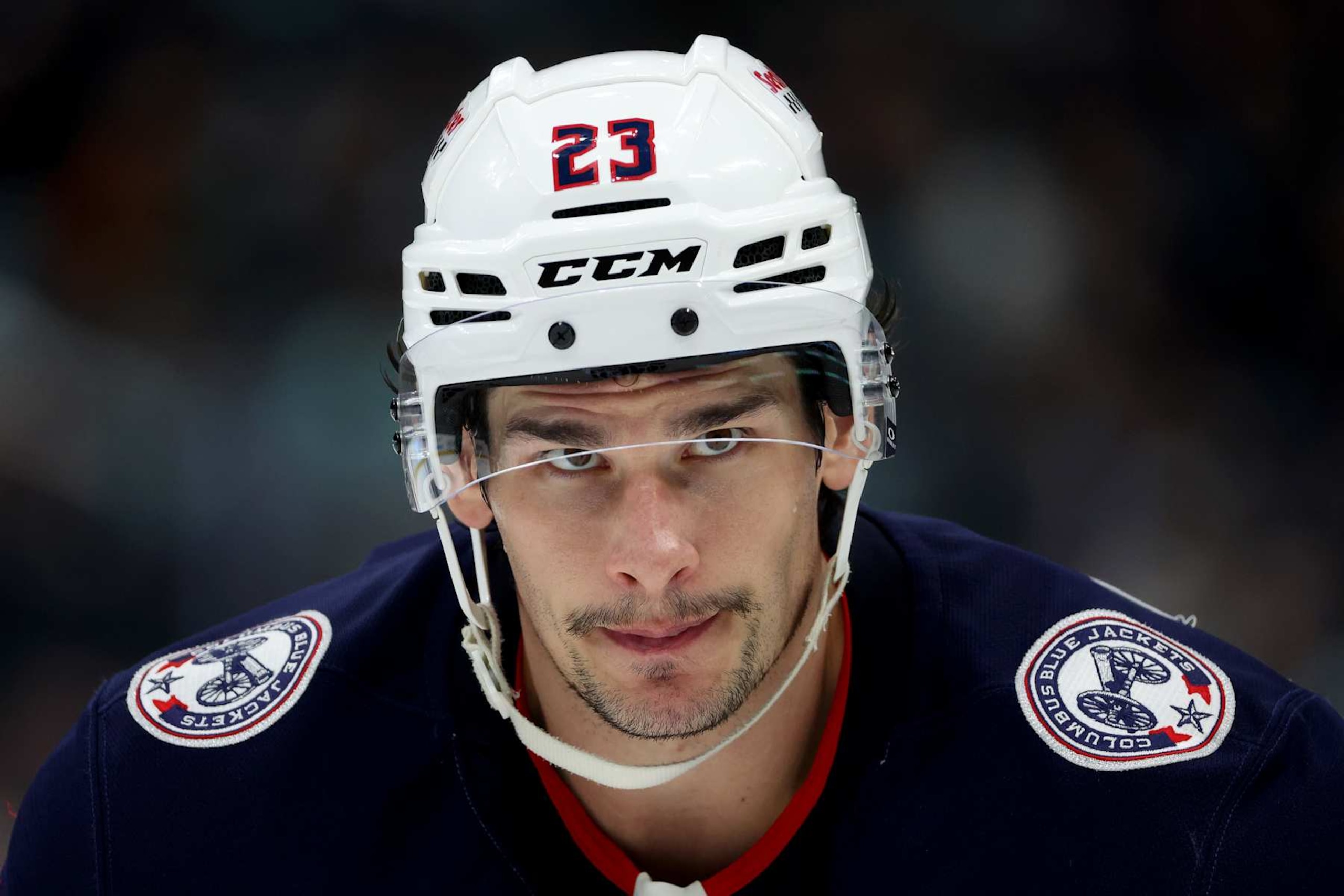 SEATTLE, WASHINGTON - NOVEMBER 12: Sean Monahan #23 of the Columbus Blue Jackets looks on during the third period against the Seattle Kraken at Climate Pledge Arena on November 12, 2024 in Seattle, Washington. (Photo by Steph Chambers/Getty Images) SEATTLE, WASHINGTON - NOVEMBER 12: Sean Monahan #23 of the Columbus Blue Jackets looks on during the third period against the Seattle Kraken at Climate Pledge Arena on November 12, 2024 in Seattle, Washington. (Photo by Steph Chambers/Getty Images)