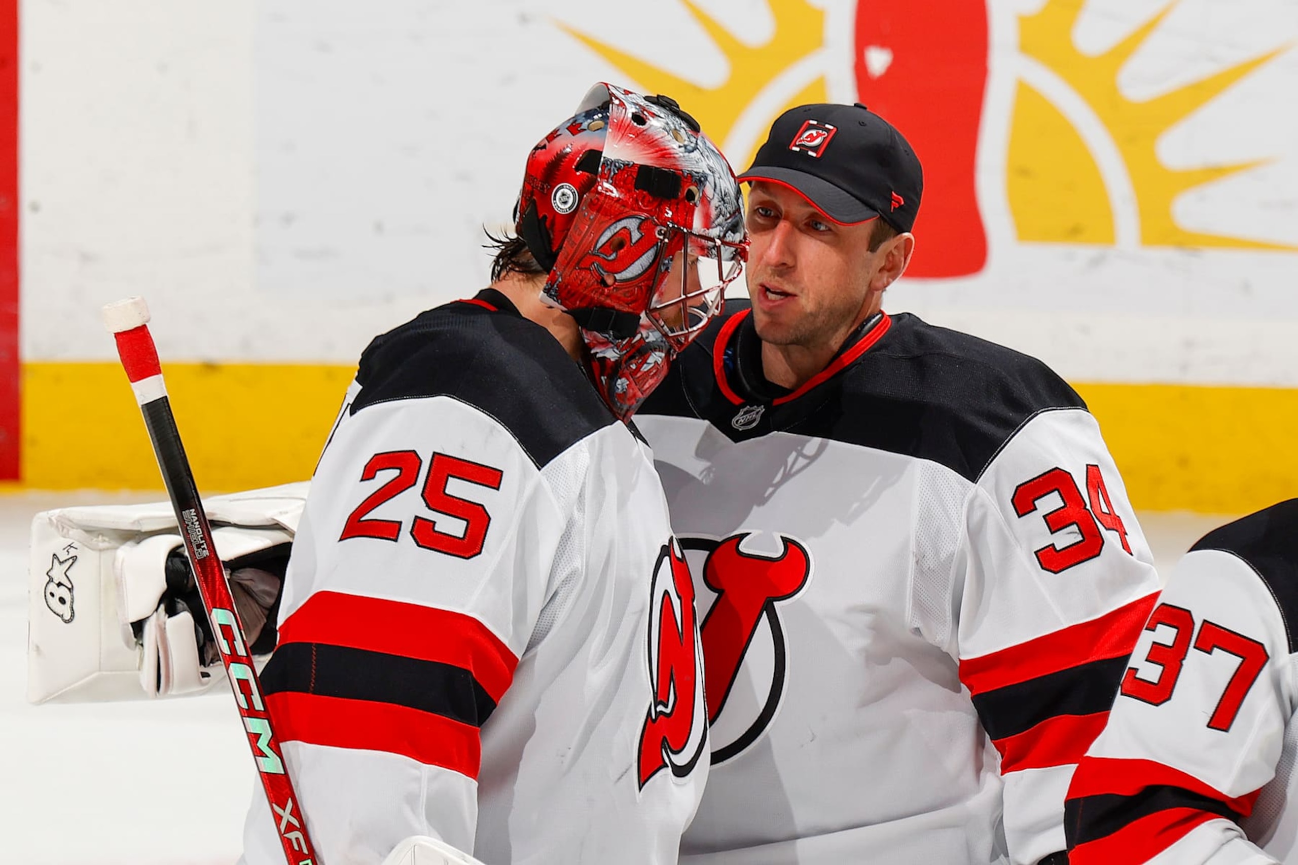 SUNRISE, FL - NOVEMBER 12: Goaltender Jacob Markstrom #25 celebrates a 4-1 win with goaltender Jake Allen #34 of the New Jersey Devils against the Florida Panthers at the Amerant Bank Arena on November 12, 2024 in Sunrise, Florida. (Photo by Joel Auerbach/Getty Images) SUNRISE, FL - NOVEMBER 12: Goaltender Jacob Markstrom #25 celebrates a 4-1 win with goaltender Jake Allen #34 of the New Jersey Devils against the Florida Panthers at the Amerant Bank Arena on November 12, 2024 in Sunrise, Florida. (Photo by Joel Auerbach/Getty Images)