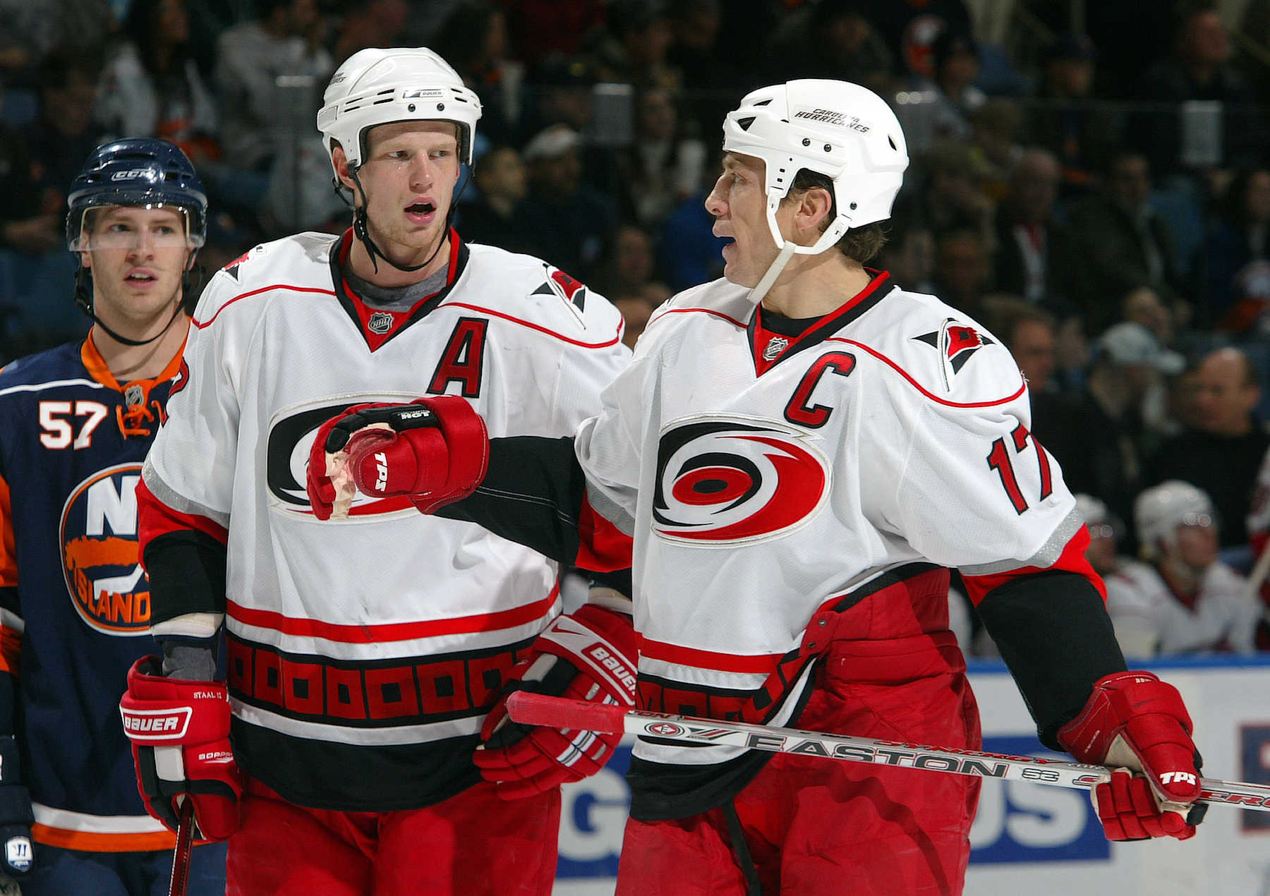 Former Carolina Hurricanes forwards Eric Staal (left) and Rod Brind'Amour. 