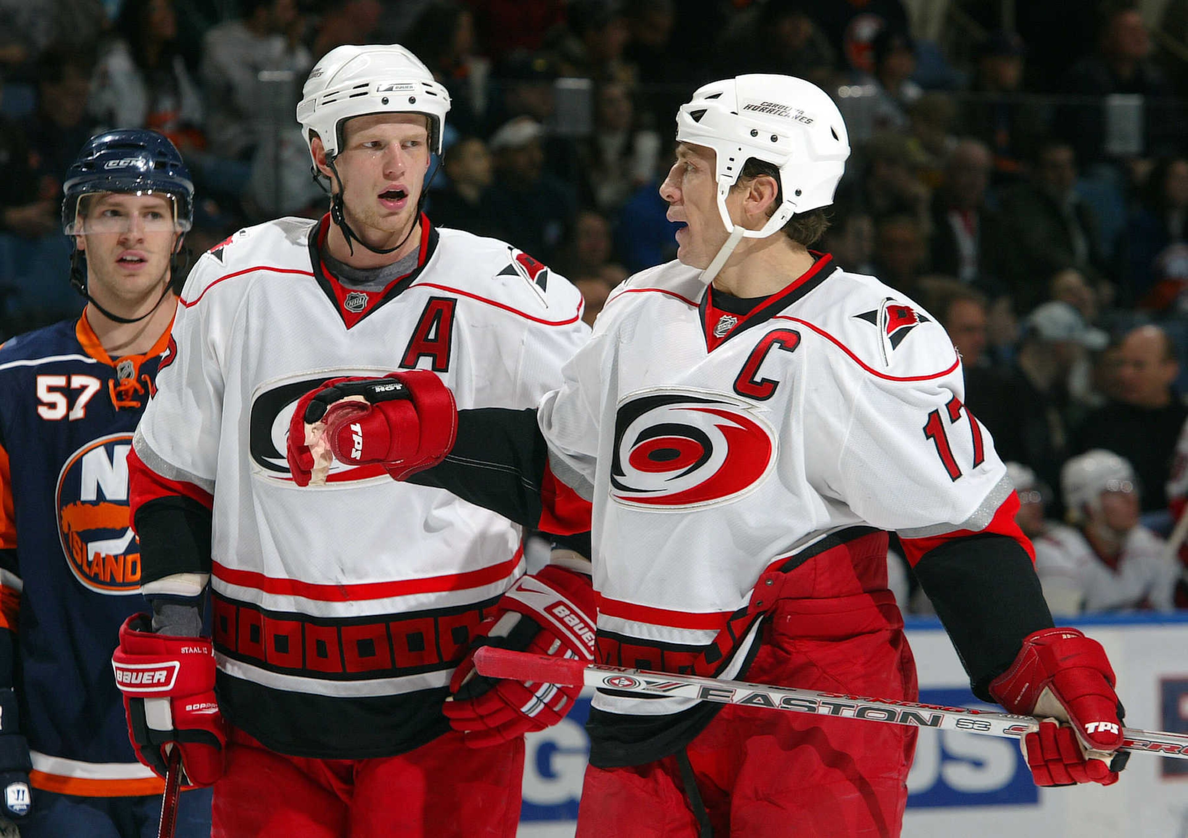Former Carolina Hurricanes forwards Eric Staal (left) and Rod Brind'Amour. 