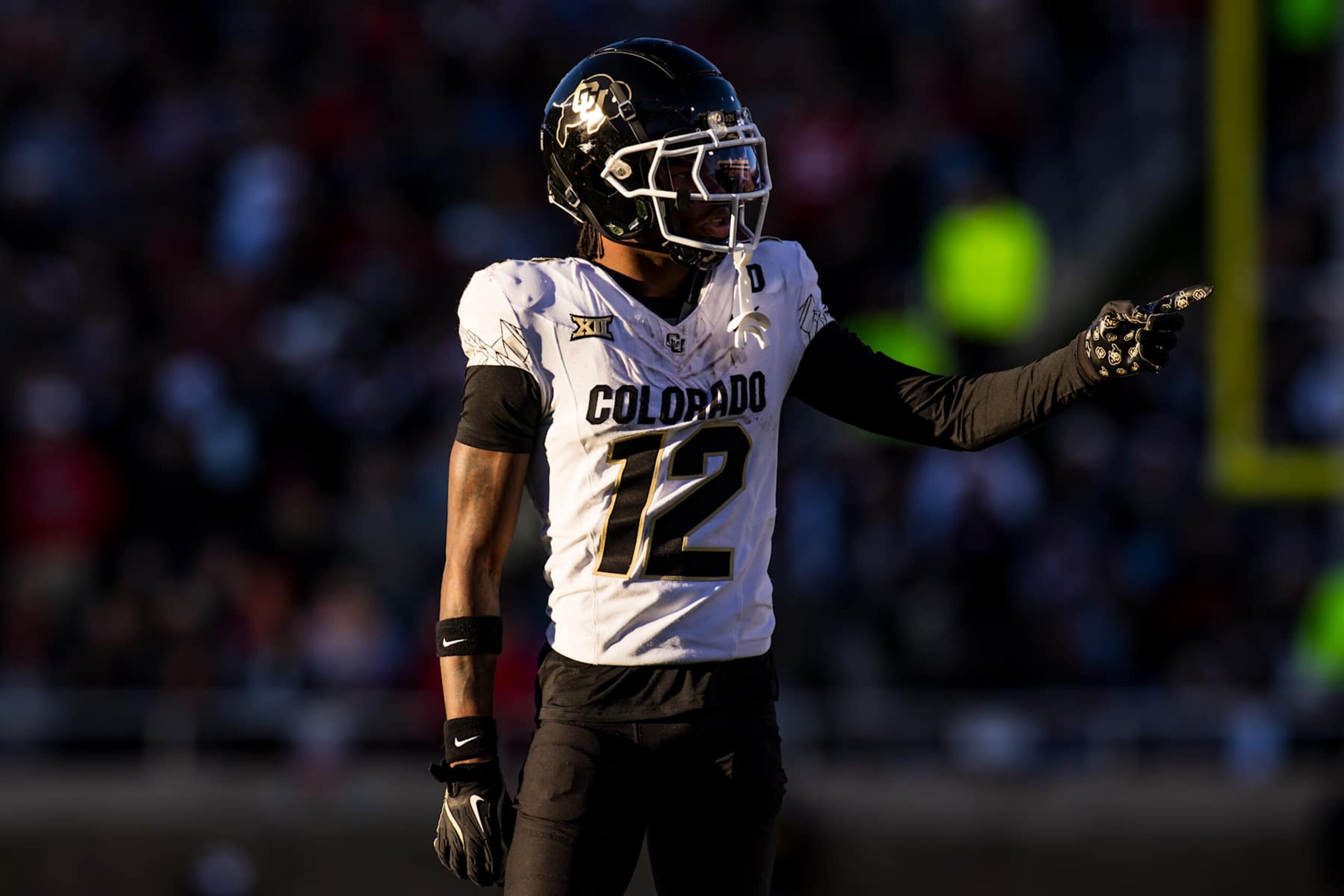 LUBBOCK, TEXAS - NOVEMBER 09: Travis Hunter #12 of the Colorado Buffaloes lines up during the second half of the game against the Texas Tech Red Raiders at Jones AT&T Stadium on November 09, 2024 in Lubbock, Texas. (Photo by John E. Moore III/Getty Images)