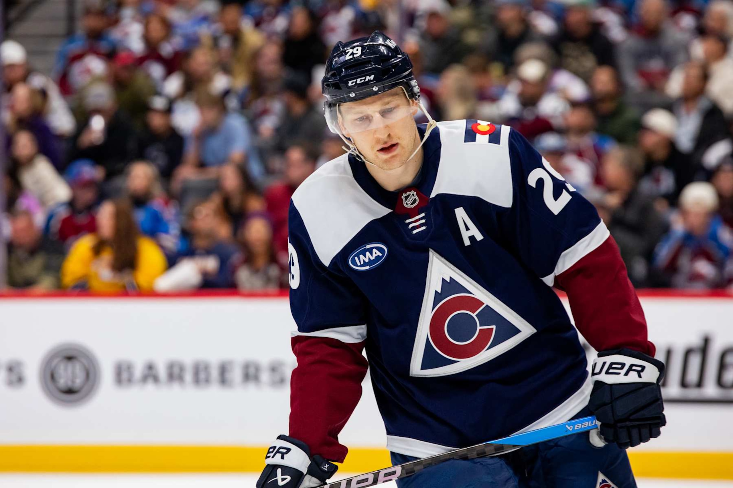 DENVER, COLORADO - NOVEMBER 11: Nathan MacKinnon #29 of the Colorado Avalanche looks down during a pause in the game Nashville Predators at Ball Arena on November 11, 2024 in Denver, Colorado. (Photo by Ashley Potts/NHLI via Getty Images) DENVER, COLORADO - NOVEMBER 11: Nathan MacKinnon #29 of the Colorado Avalanche looks down during a pause in the game Nashville Predators at Ball Arena on November 11, 2024 in Denver, Colorado. (Photo by Ashley Potts/NHLI via Getty Images)