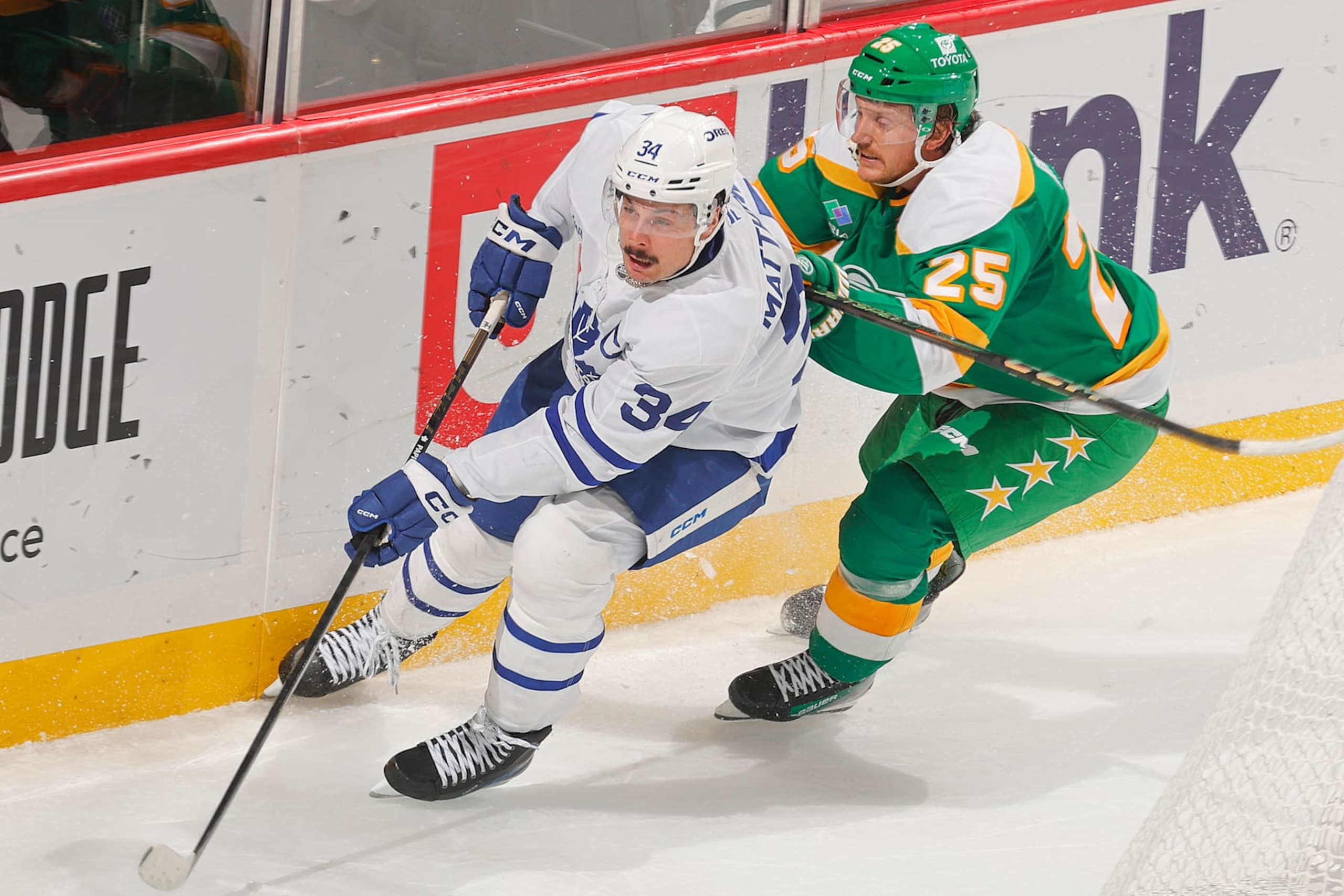 SAINT PAUL, MN - NOVEMBER 3: Jonas Brodin #25 of the Minnesota Wild defends Auston Matthews #34 of the Toronto Maple Leafs during the game at the Xcel Energy Center on November 3, 2024 in Saint Paul, Minnesota. (Photo by Bruce Kluckhohn/NHLI via Getty Images) SAINT PAUL, MN - NOVEMBER 3: Jonas Brodin #25 of the Minnesota Wild defends Auston Matthews #34 of the Toronto Maple Leafs during the game at the Xcel Energy Center on November 3, 2024 in Saint Paul, Minnesota. (Photo by Bruce Kluckhohn/NHLI via Getty Images)