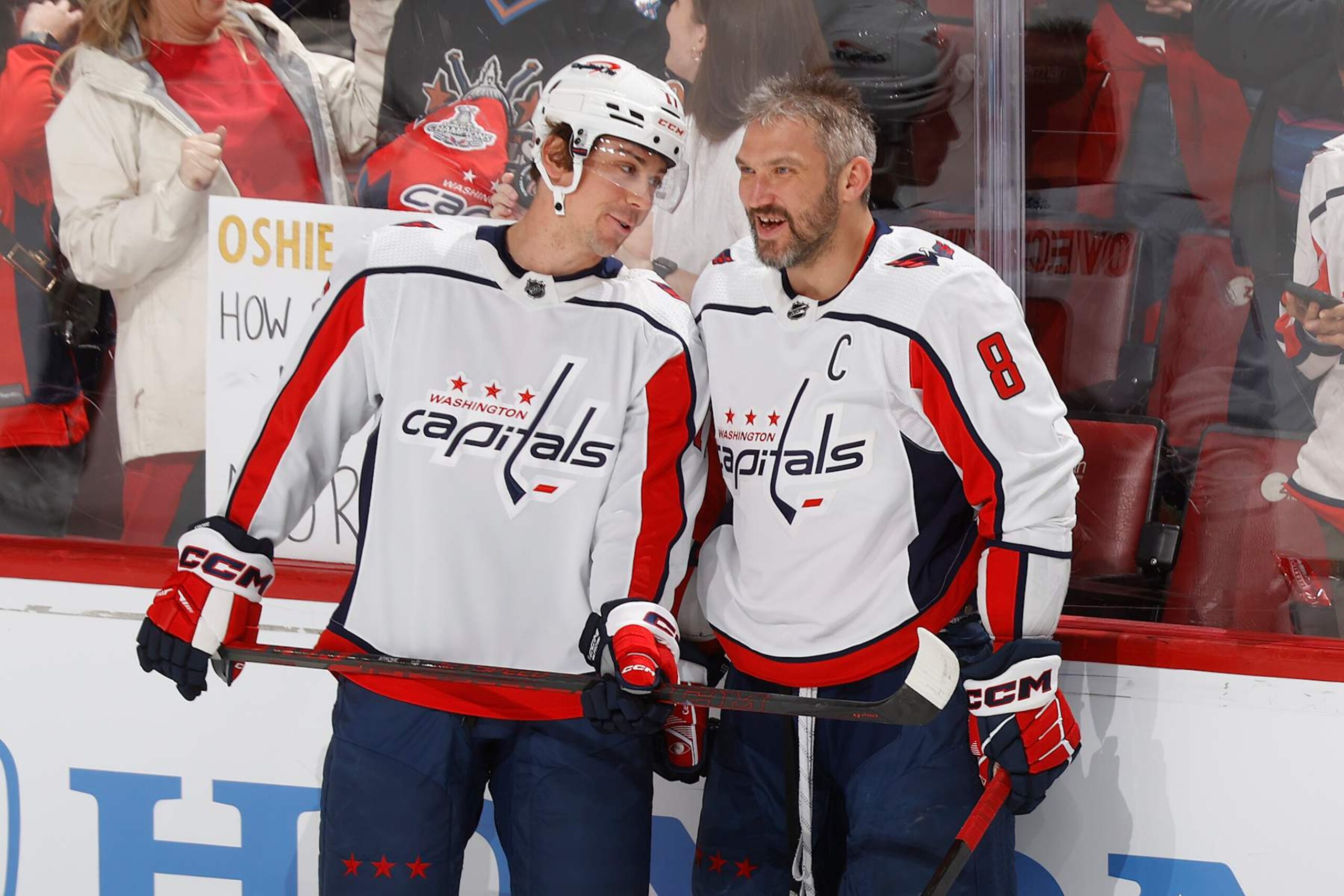SUNRISE, FL - FEBRUARY 08: Dylan Strome #17 and Alex Ovechkin #8 of the Washington Capitals talk prior to the game against the Florida Panthers at the Amerant Bank Arena on February 8, 2024 in Sunrise, Florida. (Photo by Joel Auerbach/Getty Images) SUNRISE, FL - FEBRUARY 08: Dylan Strome #17 and Alex Ovechkin #8 of the Washington Capitals talk prior to the game against the Florida Panthers at the Amerant Bank Arena on February 8, 2024 in Sunrise, Florida. (Photo by Joel Auerbach/Getty Images)