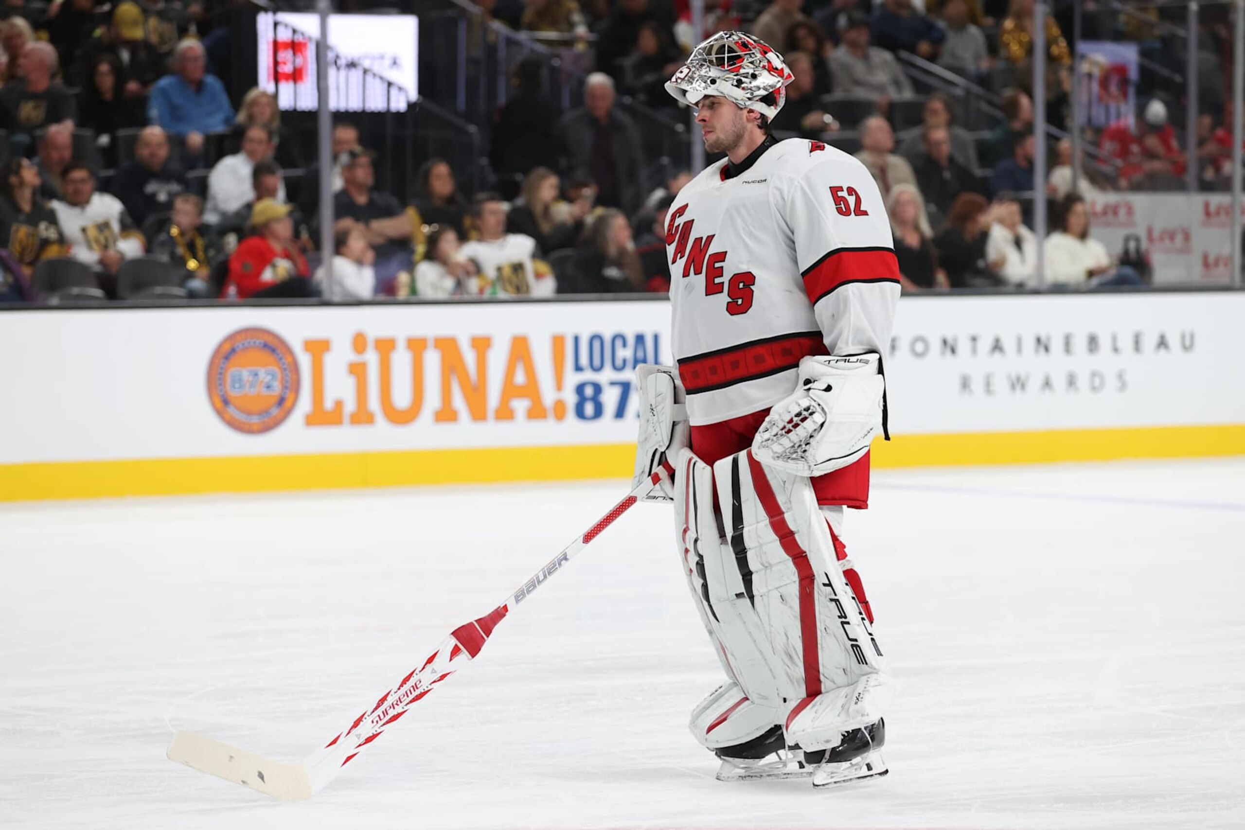 LAS VEGAS, NEVADA - NOVEMBER 11: Pyotr Kochetkov #52 of the Carolina Hurricanes looks on during the second period against the Vegas Golden Knights at T-Mobile Arena on November 11, 2024 in Las Vegas, Nevada. (Photo by Zak Krill/NHLI via Getty Images) LAS VEGAS, NEVADA - NOVEMBER 11: Pyotr Kochetkov #52 of the Carolina Hurricanes looks on during the second period against the Vegas Golden Knights at T-Mobile Arena on November 11, 2024 in Las Vegas, Nevada. (Photo by Zak Krill/NHLI via Getty Images)