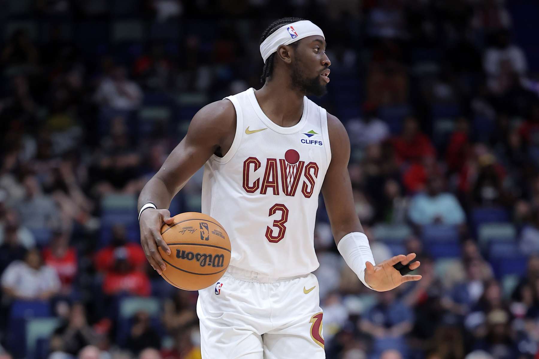 NEW ORLEANS, LOUISIANA - NOVEMBER 06: Caris LeVert #3 of the Cleveland Cavaliers drives with the ball against the New Orleans Pelicans during the second half at the Smoothie King Center on November 06, 2024 in New Orleans, Louisiana. NOTE TO USER: User expressly acknowledges and agrees that, by downloading and or using this Photograph, user is consenting to the terms and conditions of the Getty Images License Agreement. (Photo by Jonathan Bachman/Getty Images)