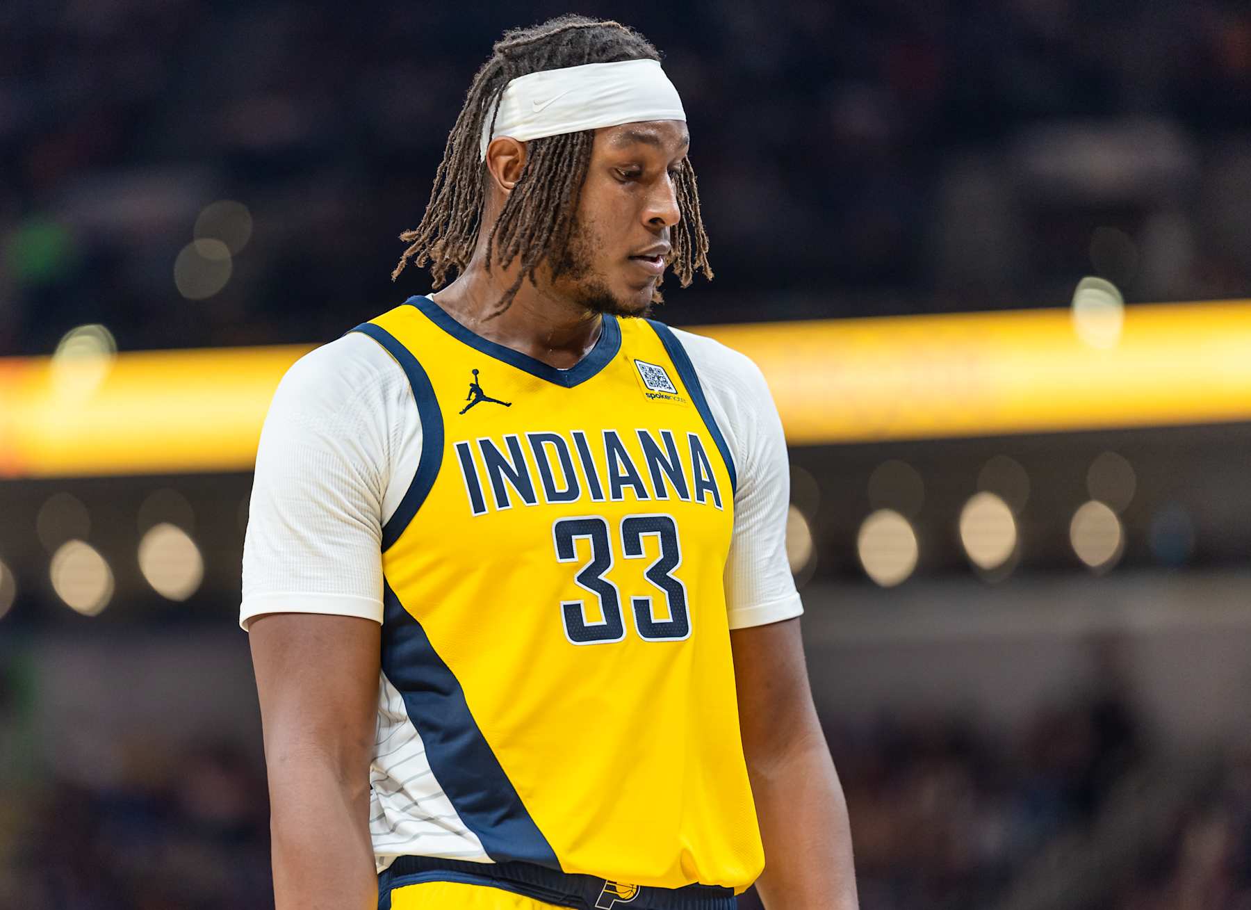 INDIANAPOLIS, INDIANA - NOVEMBER 10: Myles Turner #33 of the Indiana Pacers is seen during the game against the New York Knicks at Gainbridge Fieldhouse on November 10, 2024 in Indianapolis, Indiana. NOTE TO USER: User expressly acknowledges and agrees that, by downloading and or using this photograph, User is consenting to the terms and conditions of the Getty Images License Agreement. (Photo by Michael Hickey/Getty Images)
