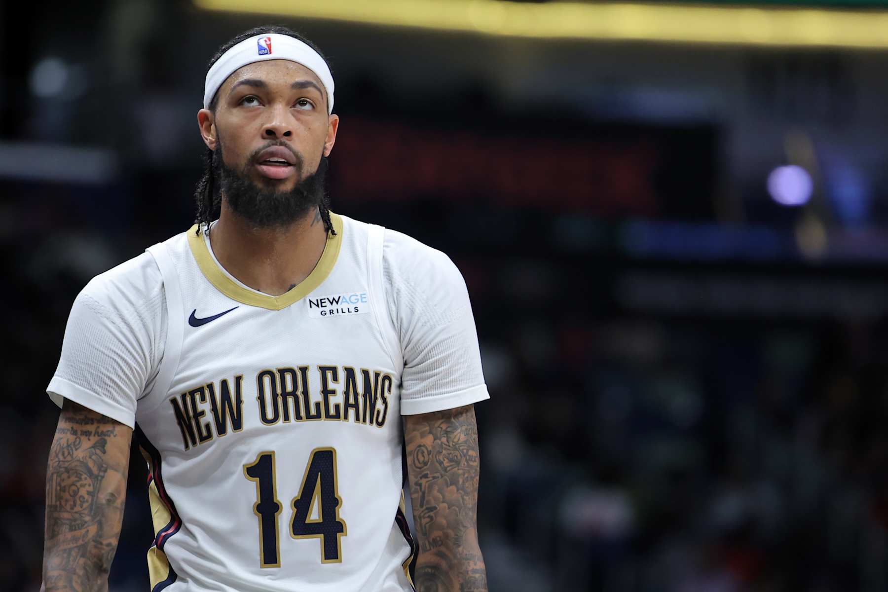 NEW ORLEANS, LOUISIANA - NOVEMBER 11: Brandon Ingram #14 of the New Orleans Pelicans reacts against the Brooklyn Nets during a game at the Smoothie King Center on November 11, 2024 in New Orleans, Louisiana. NOTE TO USER: User expressly acknowledges and agrees that, by downloading and or using this Photograph, user is consenting to the terms and conditions of the Getty Images License Agreement. (Photo by Jonathan Bachman/Getty Images)