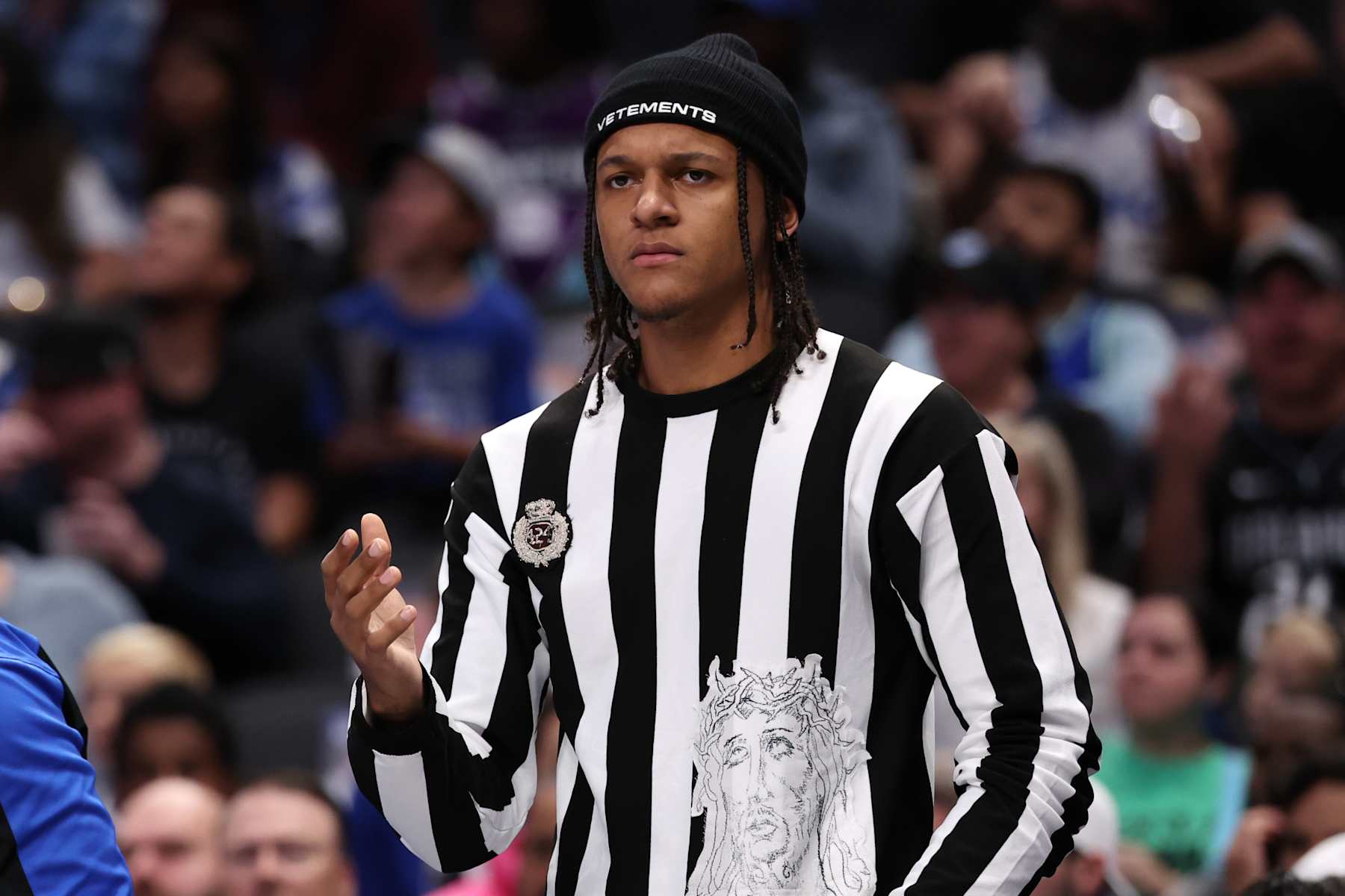 DALLAS, TEXAS - NOVEMBER 03: Paolo Banchero #5 of the Orlando Magic reacts while on the bench during the first half of the game against the Dallas Mavericks at American Airlines Center on November 03, 2024 in Dallas, Texas. NOTE TO USER: User expressly acknowledges and agrees that, by downloading and or using this photograph, User is consenting to the terms and conditions of the Getty Images License Agreement. (Photo by Sam Hodde/Getty Images)