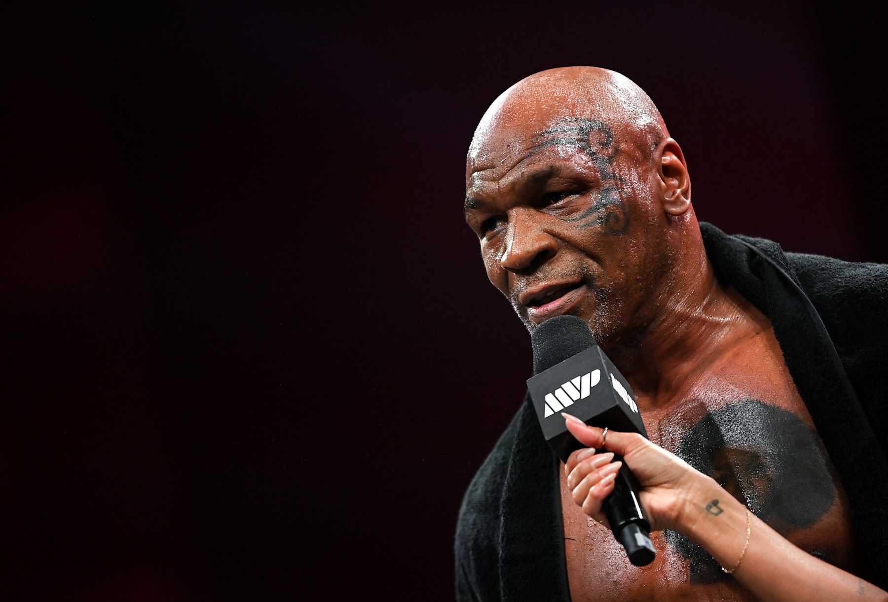 Texas , United States - 12 November 2024; Mike Tyson during an open workout session, held at Toyota Music Factory in Irving, Texas, USA, ahead of his heavyweight bout with Jake Paul, on November 15th at AT&T Stadium in Arlington Texas. (Photo By Stephen McCarthy/Sportsfile via Getty Images)