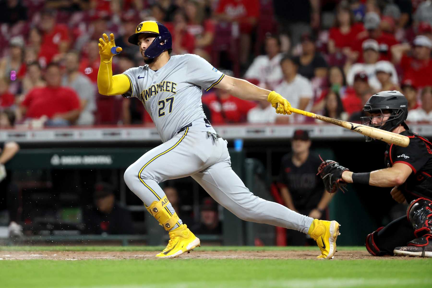 CINCINNATI, OHIO - AUGUST 30:  Willy Adames #27 of the Milwaukee Brewers bats during game two of a doubleheader against the Cincinnati Reds at Great American Ball Park on August 30, 2024 in Cincinnati, Ohio.  Milwaukee defeated Cincinnati 14-0. (Photo by Kirk Irwin/Getty Images)
