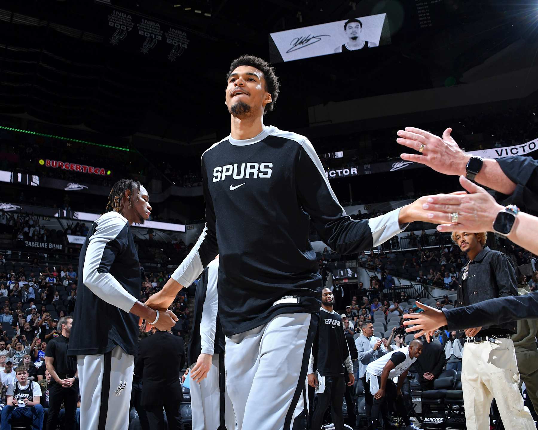 SAN ANTONIO, TX - NOVEMBER 13: Victor Wembanyama #1 of the San Antonio Spurs is introduced before the game against the Washington Wizards on November 13, 2024 at the Frost Bank Center in San Antonio, Texas. NOTE TO USER: User expressly acknowledges and agrees that, by downloading and or using this photograph, user is consenting to the terms and conditions of the Getty Images License Agreement. Mandatory Copyright Notice: Copyright 2024 NBAE (Photos by Michael Gonzales/NBAE via Getty Images)