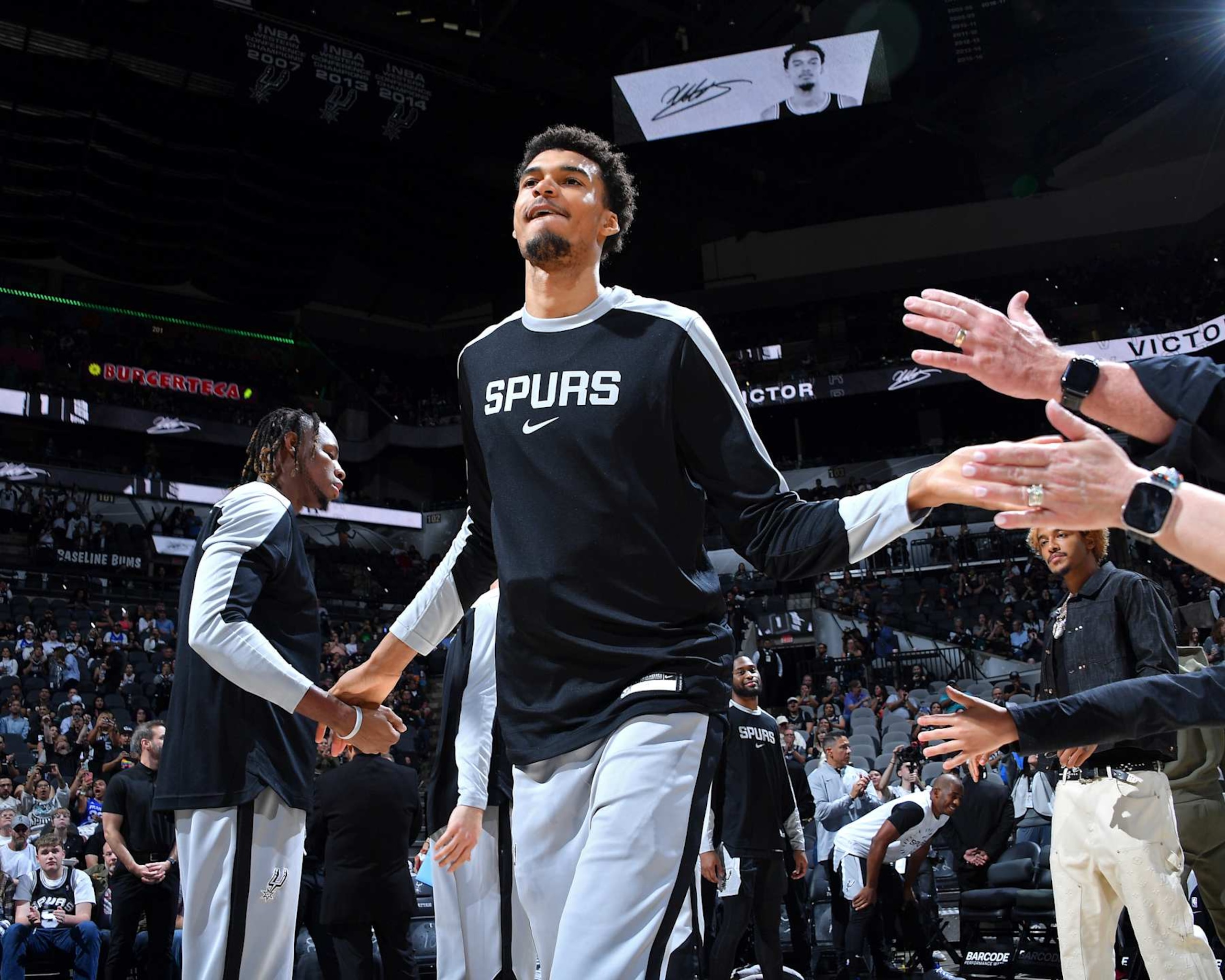 SAN ANTONIO, TX - NOVEMBER 13: Victor Wembanyama #1 of the San Antonio Spurs is introduced before the game against the Washington Wizards on November 13, 2024 at the Frost Bank Center in San Antonio, Texas. NOTE TO USER: User expressly acknowledges and agrees that, by downloading and or using this photograph, user is consenting to the terms and conditions of the Getty Images License Agreement. Mandatory Copyright Notice: Copyright 2024 NBAE (Photos by Michael Gonzales/NBAE via Getty Images)