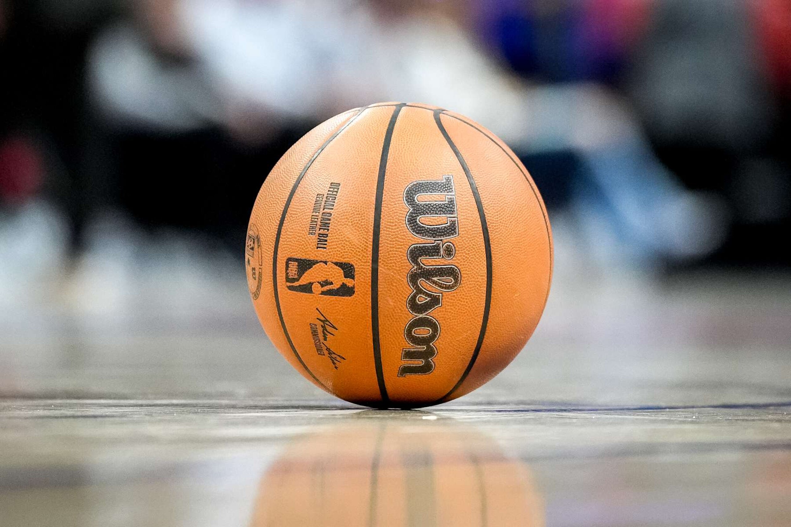 DETROIT, MICHIGAN - OCTOBER 16: A Wilson brand basketball with the NBA logo is pictured on the court during an NBA preseason game between the Detroit Pistons and Cleveland Cavaliers at Little Caesars Arena on October 16, 2024 in Detroit, Michigan. NOTE TO USER: User expressly acknowledges and agrees that, by downloading and or using this photograph, User is consenting to the terms and conditions of the Getty Images License Agreement. (Photo by Nic Antaya/Getty Images)