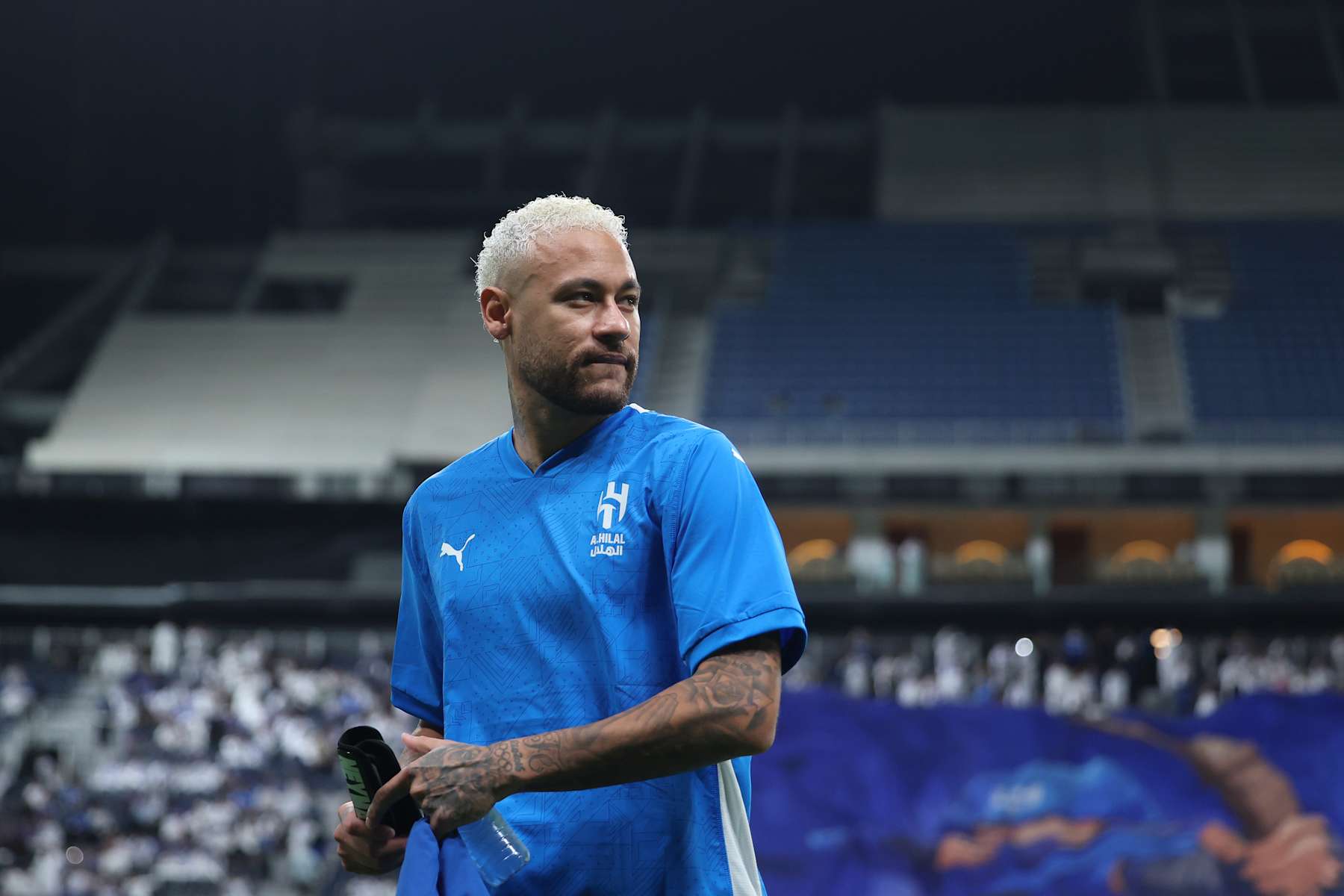 RIYADH, SAUDI ARABIA - NOVEMBER 04: Neymar of Al-Hilal looks on prior to the AFC Champions League Elite match between Al-Hilal and Esteghlal at Kingdom Arena on November 04, 2024 in Riyadh, Saudi Arabia. (Photo by Yasser Bakhsh/Getty Images)