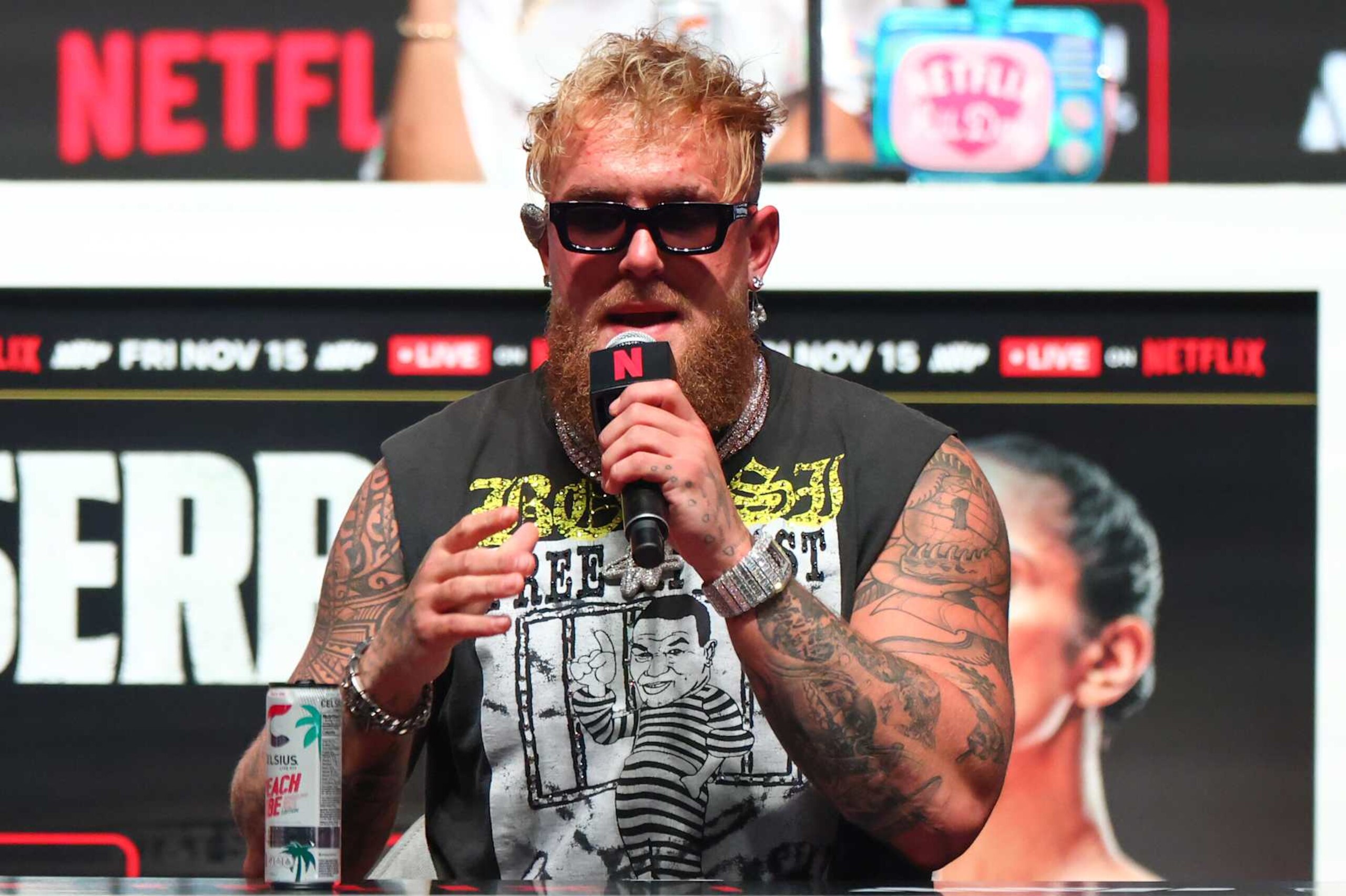 IRVING, TEXAS - NOVEMBER 13: Jake Paul speaks at the final press conference for his upcoming heavyweight fight against Mike Tyson at Toyota Music Factory on November 13, 2024 in Irving, Texas. (Photo by Ed Mulholland/Getty Images)