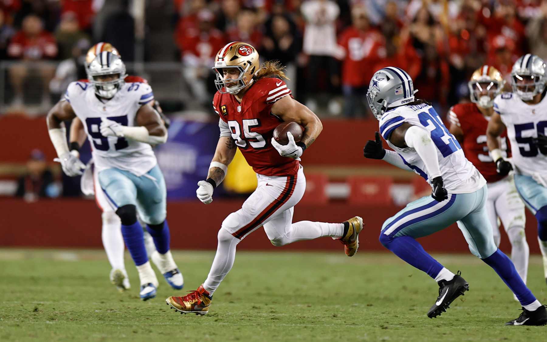 SANTA CLARA, CA - OCTOBER 27: George Kittle #85 of the San Francisco 49ers runs after making a catch during the game against the Dallas Cowboys at Levi's Stadium on October 27, 2024 in Santa Clara, California. The 49ers defeated the Cowboys 30-24. (Photo by Michael Zagaris/San Francisco 49ers/Getty Images)