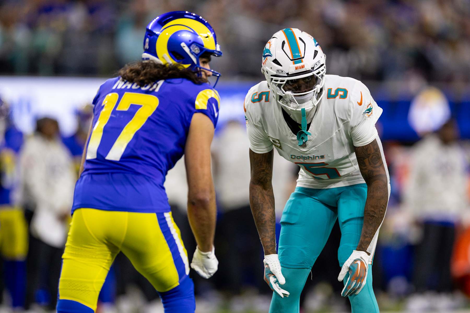 INGLEWOOD, CALIFORNIA - NOVEMBER 11: Jalen Ramsey #5 of the Miami Dolphins lines up against Puka Nacua #17 of the Los Angeles Rams during an NFL Football game at SoFi Stadium on November 11, 2024 in Inglewood, California. (Photo by Michael Owens/Getty Images)