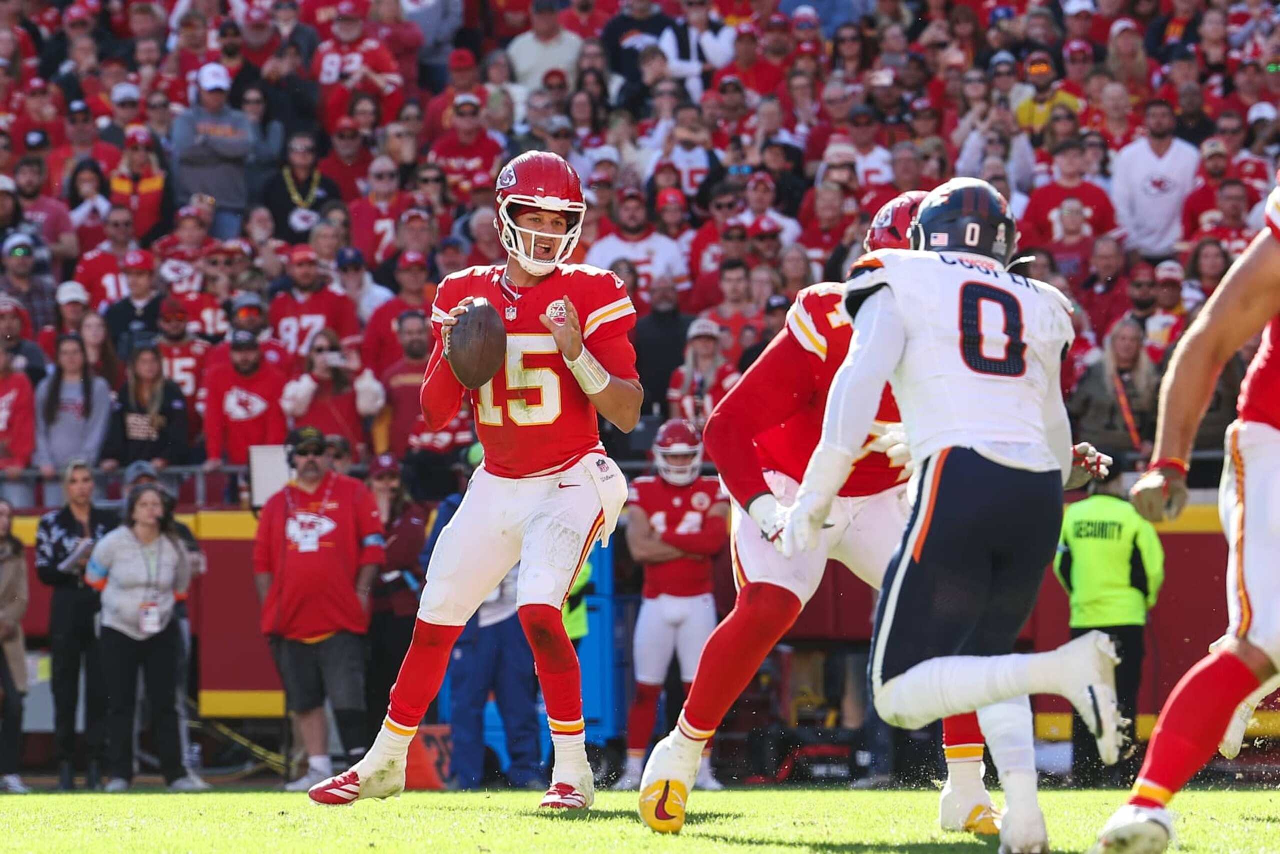 KANSAS CITY, MISSOURI - NOVEMBER 10: Patrick Mahomes #15 of the Kansas City Chiefs drops back to pass during an NFL football game against the Denver Broncos at GEHA Field at Arrowhead Stadium on November 10, 2024 in Kansas City, Missouri. (Photo by Perry Knotts/Getty Images)
