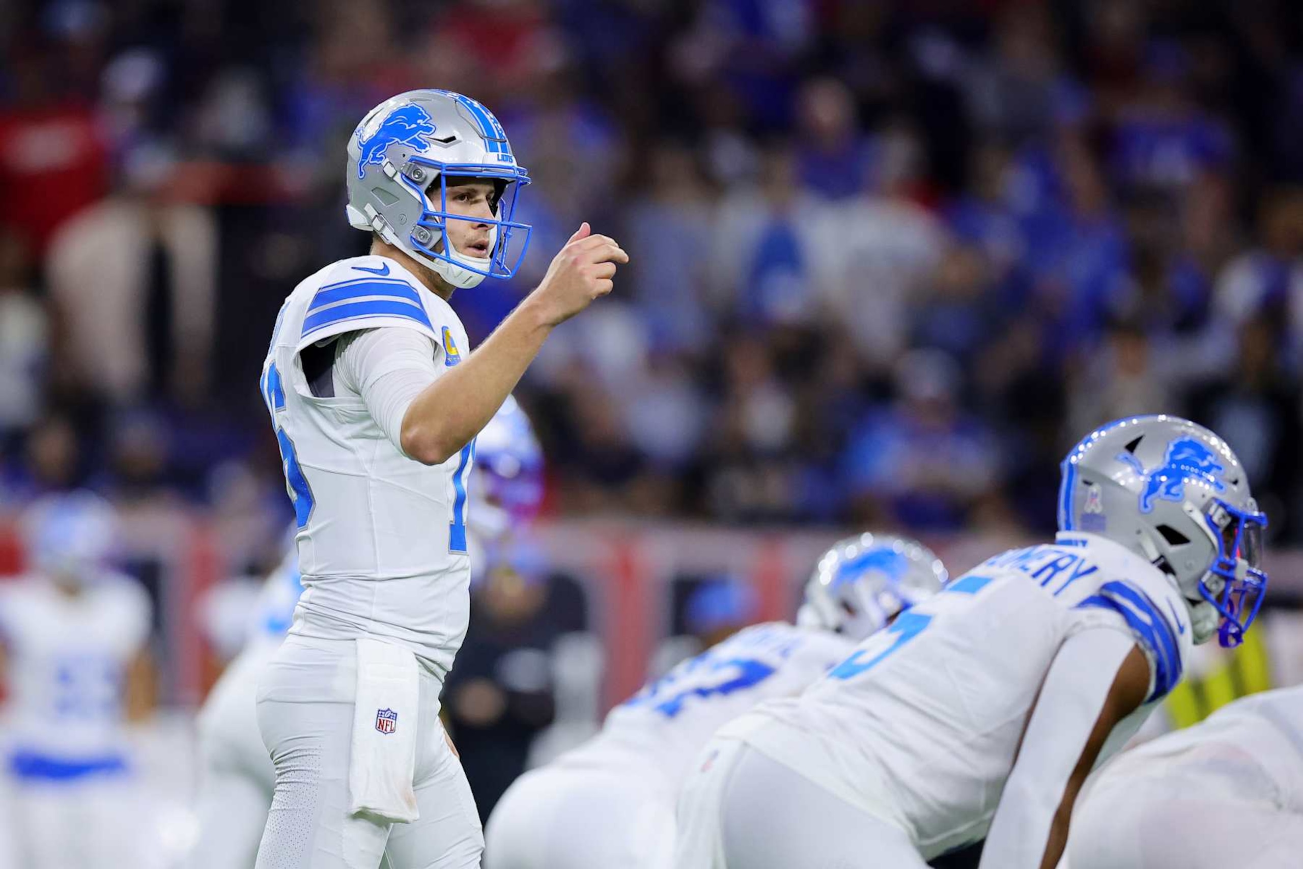 HOUSTON, TEXAS - NOVEMBER 10: Jared Goff #16 of the Detroit Lions gestures down field against the Houston Texans at NRG Stadium on November 10, 2024 in Houston, Texas. (Photo by Alex Slitz/Getty Images)
