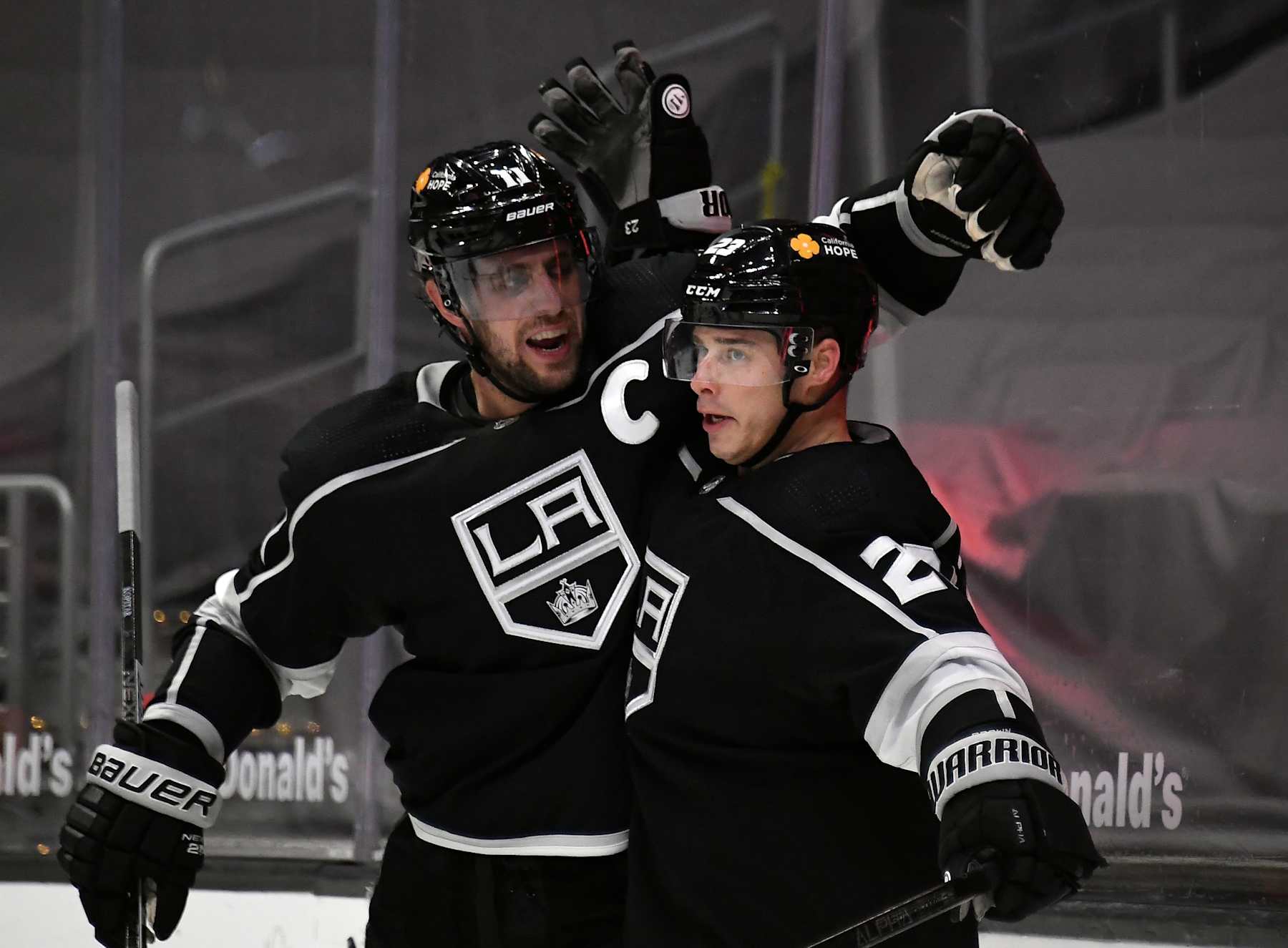 Los Angeles Kings captain AnÅ¾e Kopitar (left) and former Kings captain Dustin Brown. 