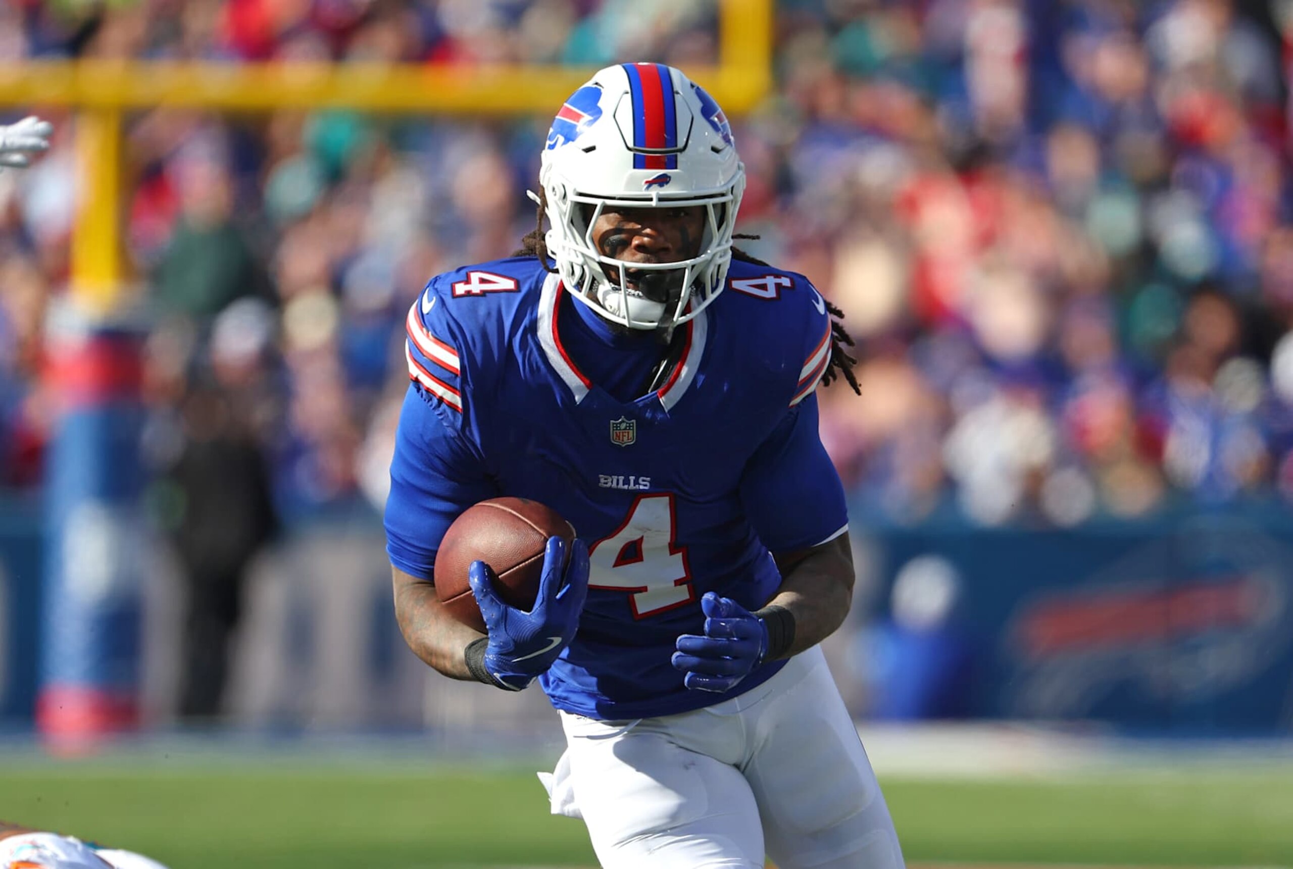 ORCHARD PARK, NEW YORK - NOVEMBER 3: James Cook #4 of the Buffalo Bills runs the ball against the Miami Dolphins at Highmark Stadium on November 3, 2024 in Orchard Park, New York. (Photo by Timothy T Ludwig/Getty Images) ORCHARD PARK, NEW YORK - NOVEMBER 3: James Cook #4 of the Buffalo Bills runs the ball against the Miami Dolphins at Highmark Stadium on November 3, 2024 in Orchard Park, New York. (Photo by Timothy T Ludwig/Getty Images)