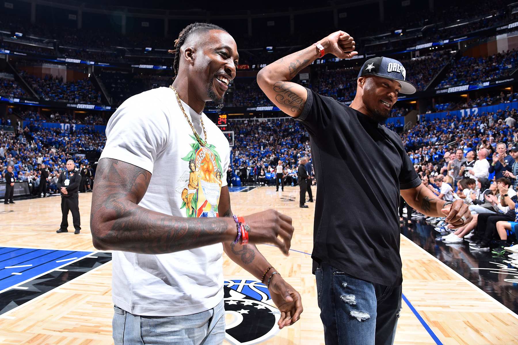 ORLANDO, FL - MAY 3: Dwight Howard and Rashard Lewis attends the game between the Cleveland Cavaliers and the Orlando Magic during Round One Game Six of the 2024 NBA Playoffs on May 3, 2024 at the Kia Center in Orlando, Florida. NOTE TO USER: User expressly acknowledges and agrees that, by downloading and or using this photograph, User is consenting to the terms and conditions of the Getty Images License Agreement. Mandatory Copyright Notice: Copyright 2024 NBAE (Photo by Gary Bassing/NBAE via Getty Images)