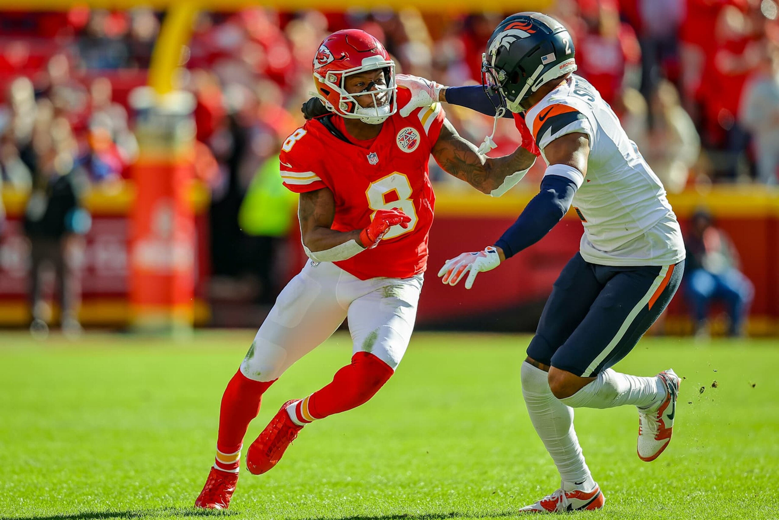 KANSAS CITY, MISSOURI - NOVEMBER 10: DeAndre Hopkins #8 of the Kansas City Chiefs begins his second quarter pass route against Pat Surtain II #2 of the Denver Broncos at GEHA Field at Arrowhead Stadium on November 10, 2024 in Kansas City, Missouri. (Photo by David Eulitt/Getty Images)