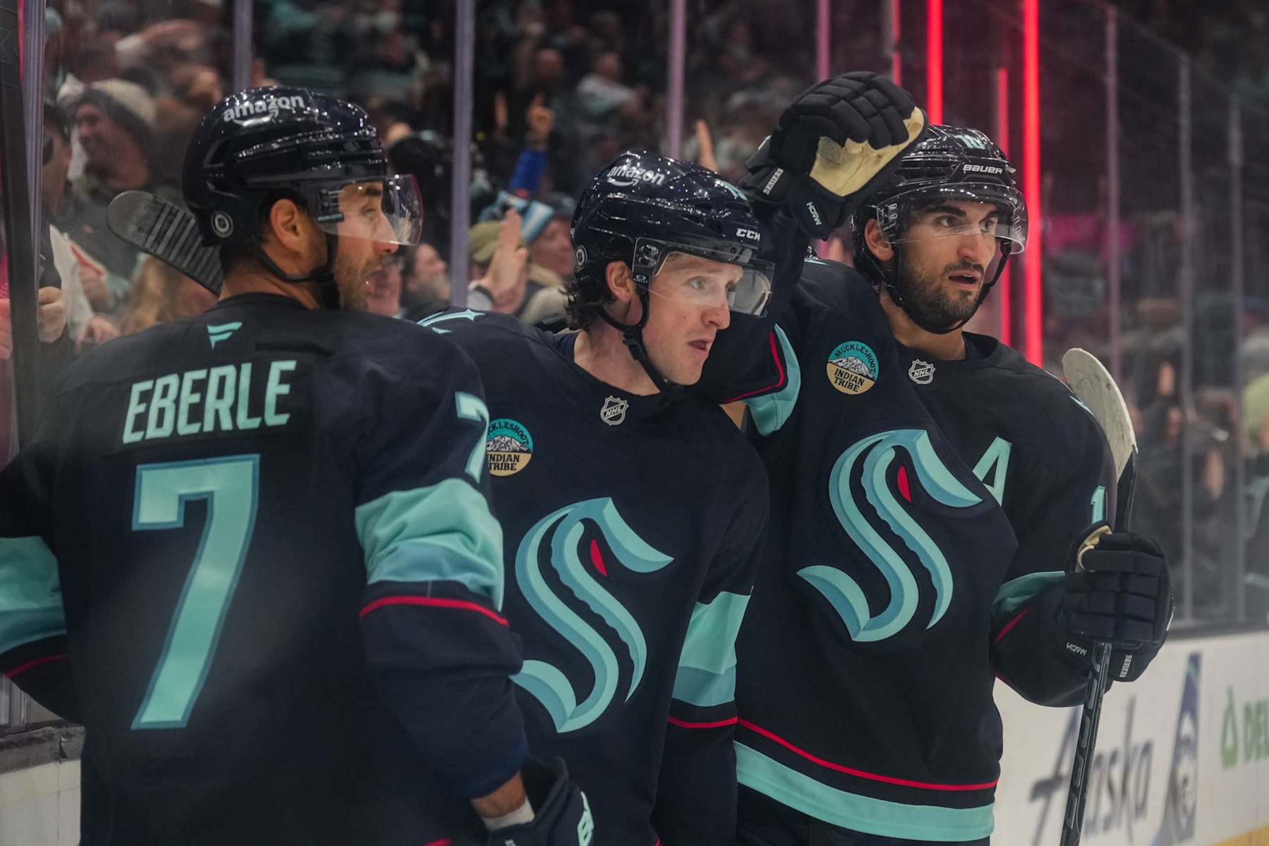 Seattle Kraken forwards Jordan Eberle (left), Jared McCann and Matty Beniers. Seattle Kraken forwards Jordan Eberle (left), Jared McCann and Matty Beniers.