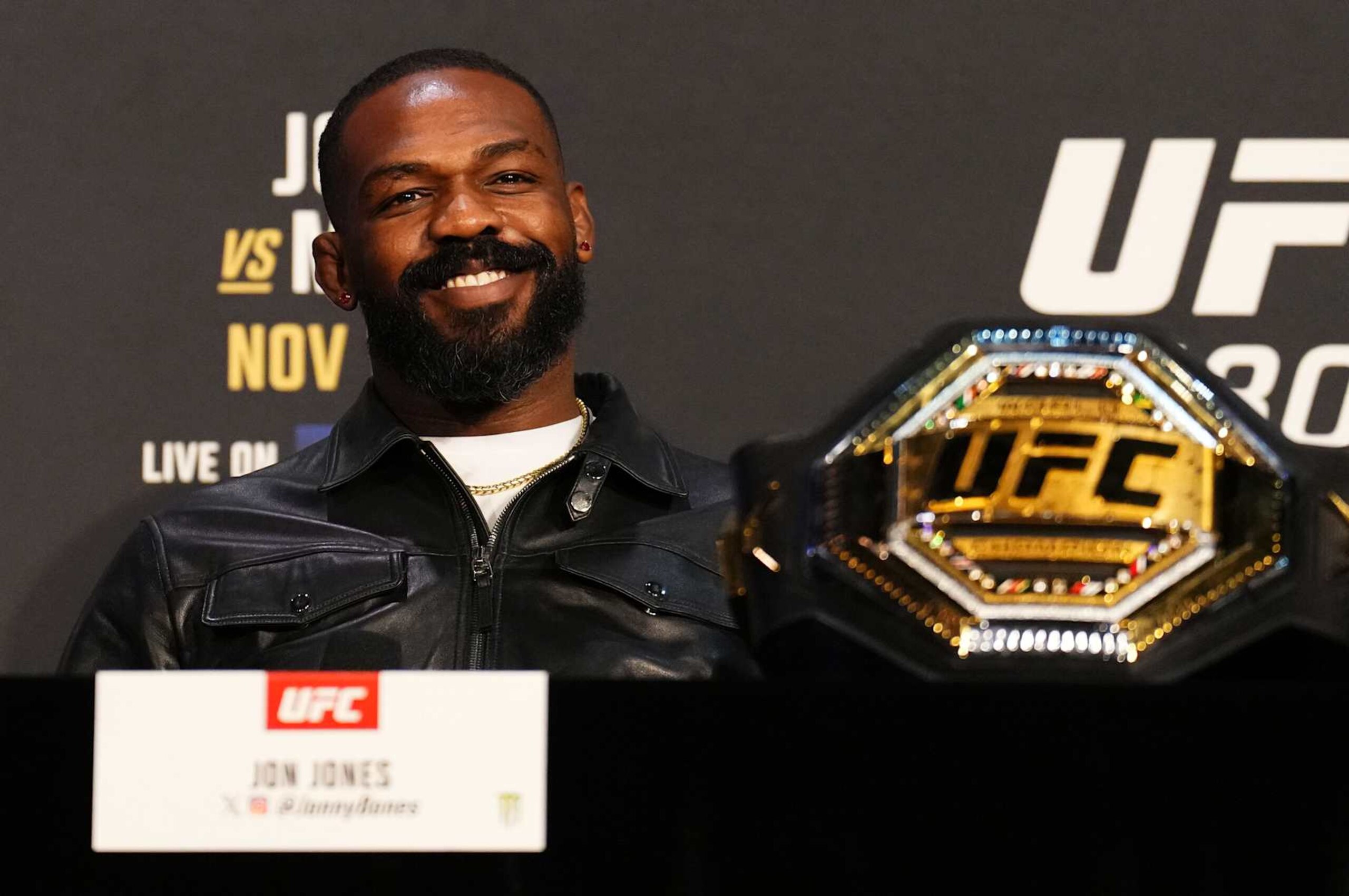 NEW YORK, NEW YORK - NOVEMBER 14: Jon Jones reacts during the UFC 309 press conference at The Theater at Madison Square Garden on November 14, 2024 in New York City.  (Photo by Josh Hedges/Zuffa LLC)