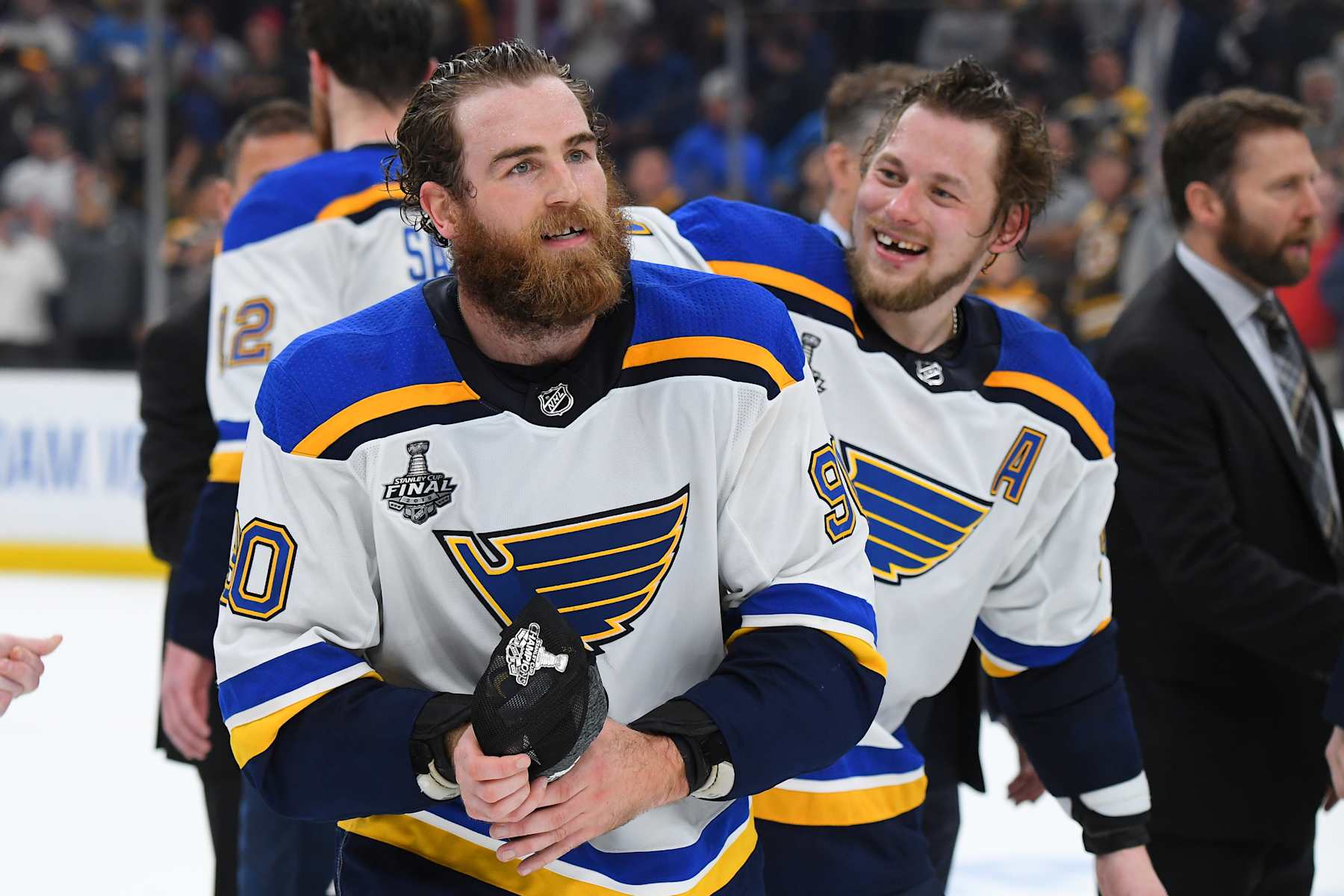 Former St. Louis Blues forwards Ryan O'Reilly (left) and Vladimir Tarasenko celebrate their 2019 Stanley Cup triumph.
