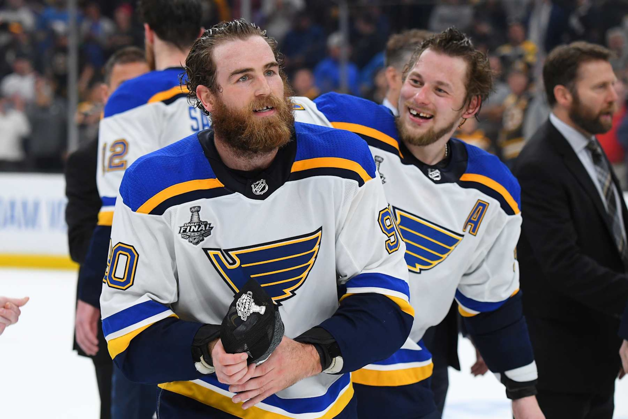 Former St. Louis Blues forwards Ryan O'Reilly (left) and Vladimir Tarasenko celebrate their 2019 Stanley Cup triumph. Former St. Louis Blues forwards Ryan O'Reilly (left) and Vladimir Tarasenko celebrate their 2019 Stanley Cup triumph.