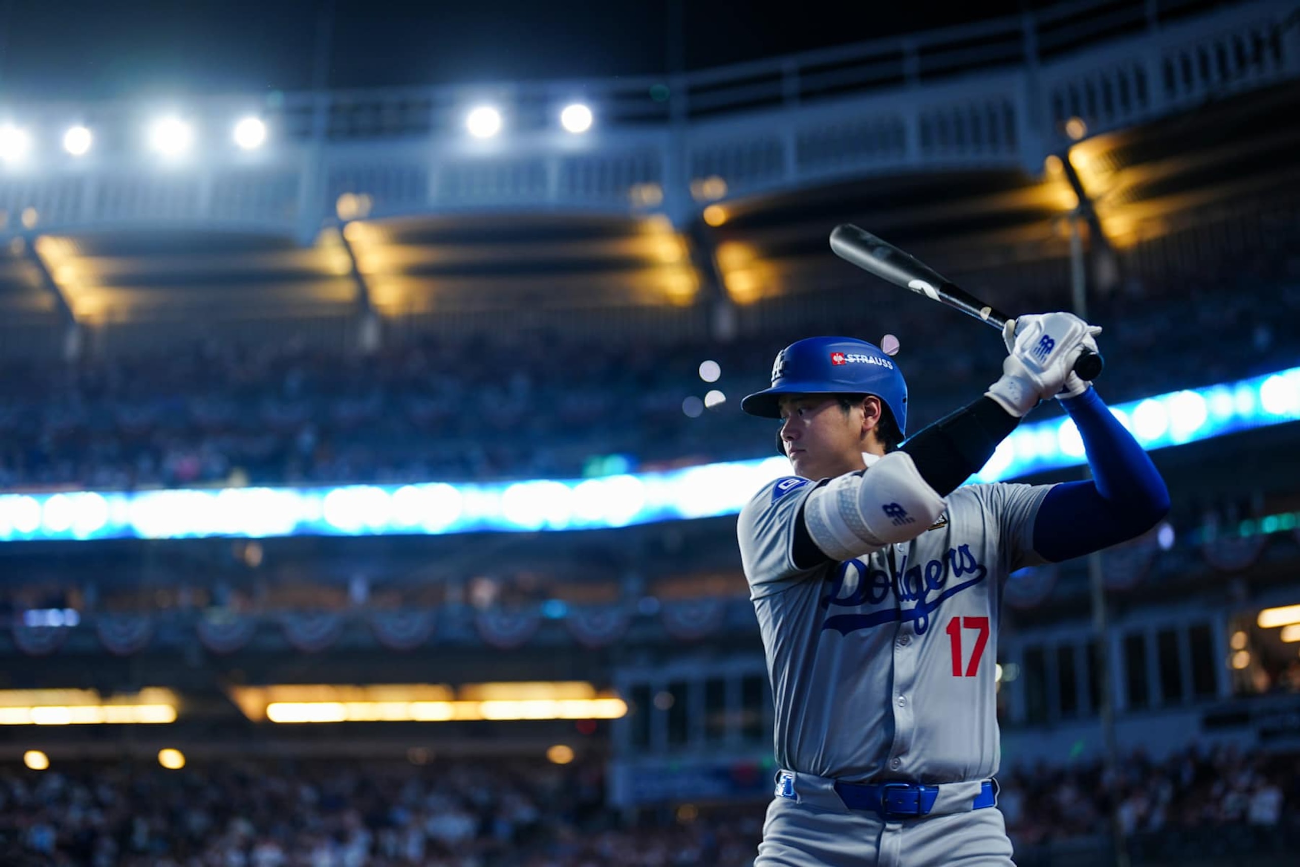 NEW YORK, NY - OCTOBER 30: Shohei Ohtani #17 of the Los Angeles Dodgers prepares to bat prior to Game 5 of the 2024 World Series presented by Capital One between the Los Angeles Dodgers and the New York Yankees at Yankee Stadium on Wednesday, October 30, 2024 in New York, New York. (Photo by Daniel Shirey/MLB Photos via Getty Images)