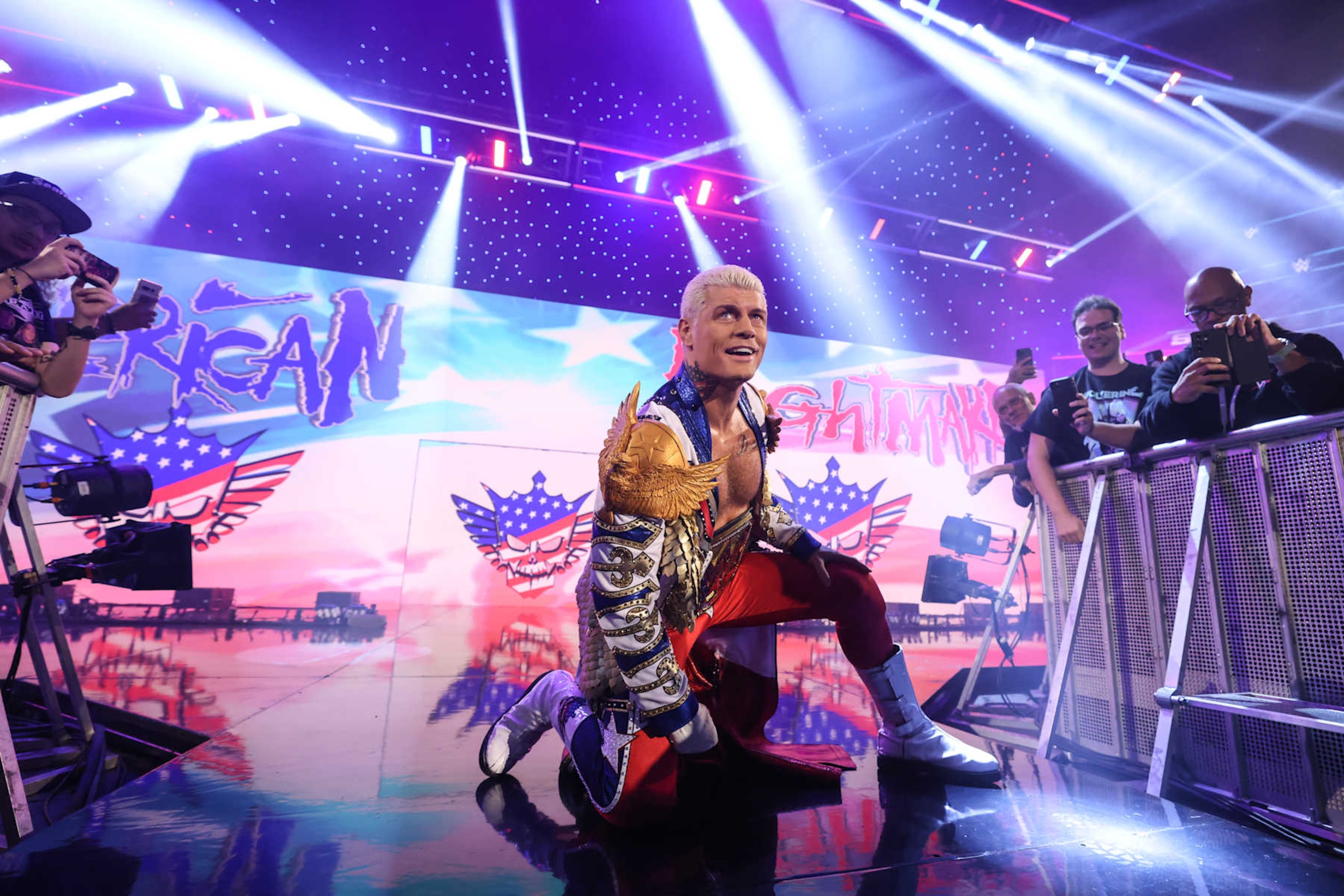 SEATTLE, WASHINGTON - SEPTEMBER 13: Cody Rhodes makes his way to the ring during SmackDown at Climate Pledge Arena on September 13, 2024 in Seattle, Washington.  (Photo by WWE/Getty Images)