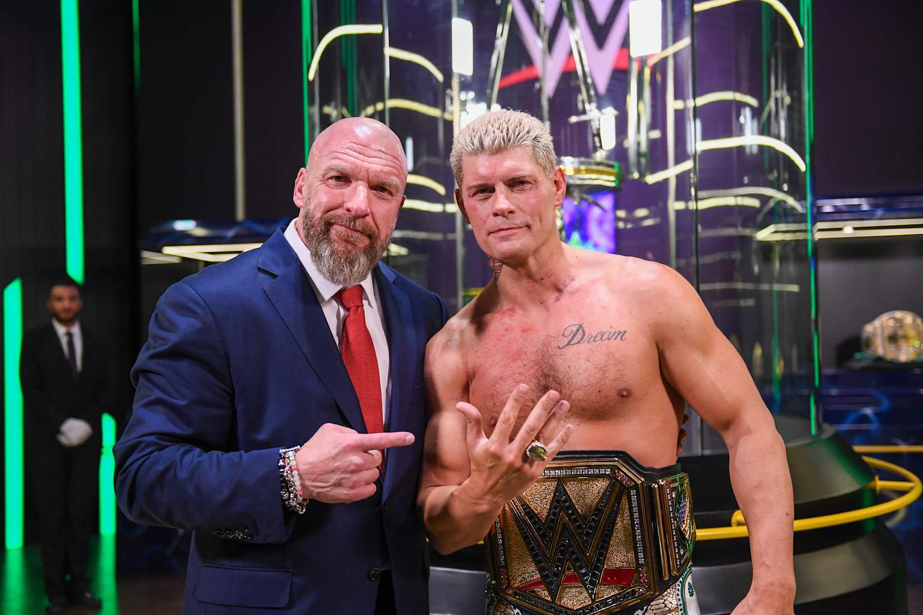 RIYADH, SAUDI ARABIA - NOVEMBER 2: Paul "Triple H" Levesque with the new Crown Jewel Men's Champion Cody Rhodes during Crown Jewel at Mohammed Abdo Arena on November 2, 2024 in Riyadh, Saudi Arabia.  (Photo by WWE/Getty Images)