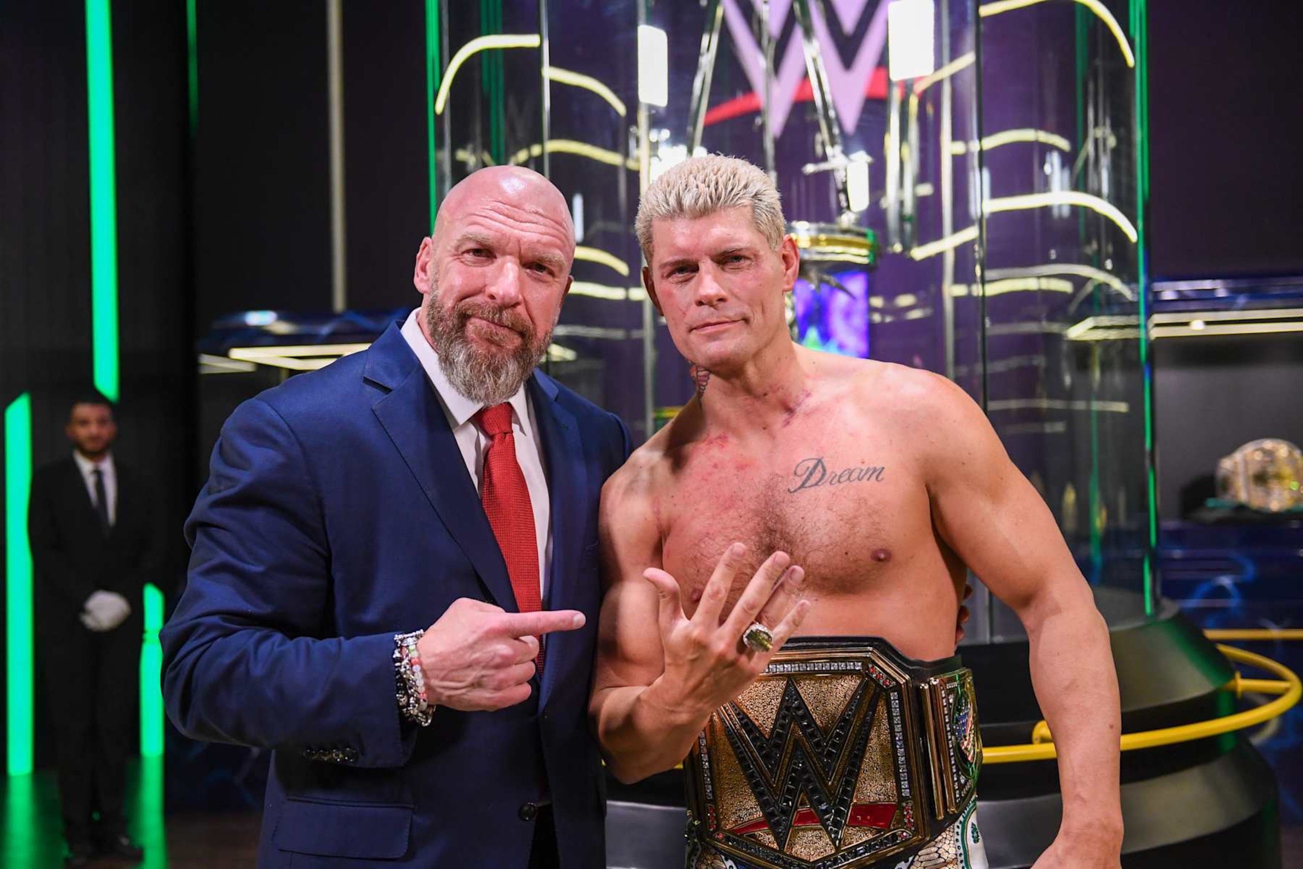 RIYADH, SAUDI ARABIA - NOVEMBER 2: Paul "Triple H" Levesque with the new Crown Jewel Men's Champion Cody Rhodes during Crown Jewel at Mohammed Abdo Arena on November 2, 2024 in Riyadh, Saudi Arabia.  (Photo by WWE/Getty Images)