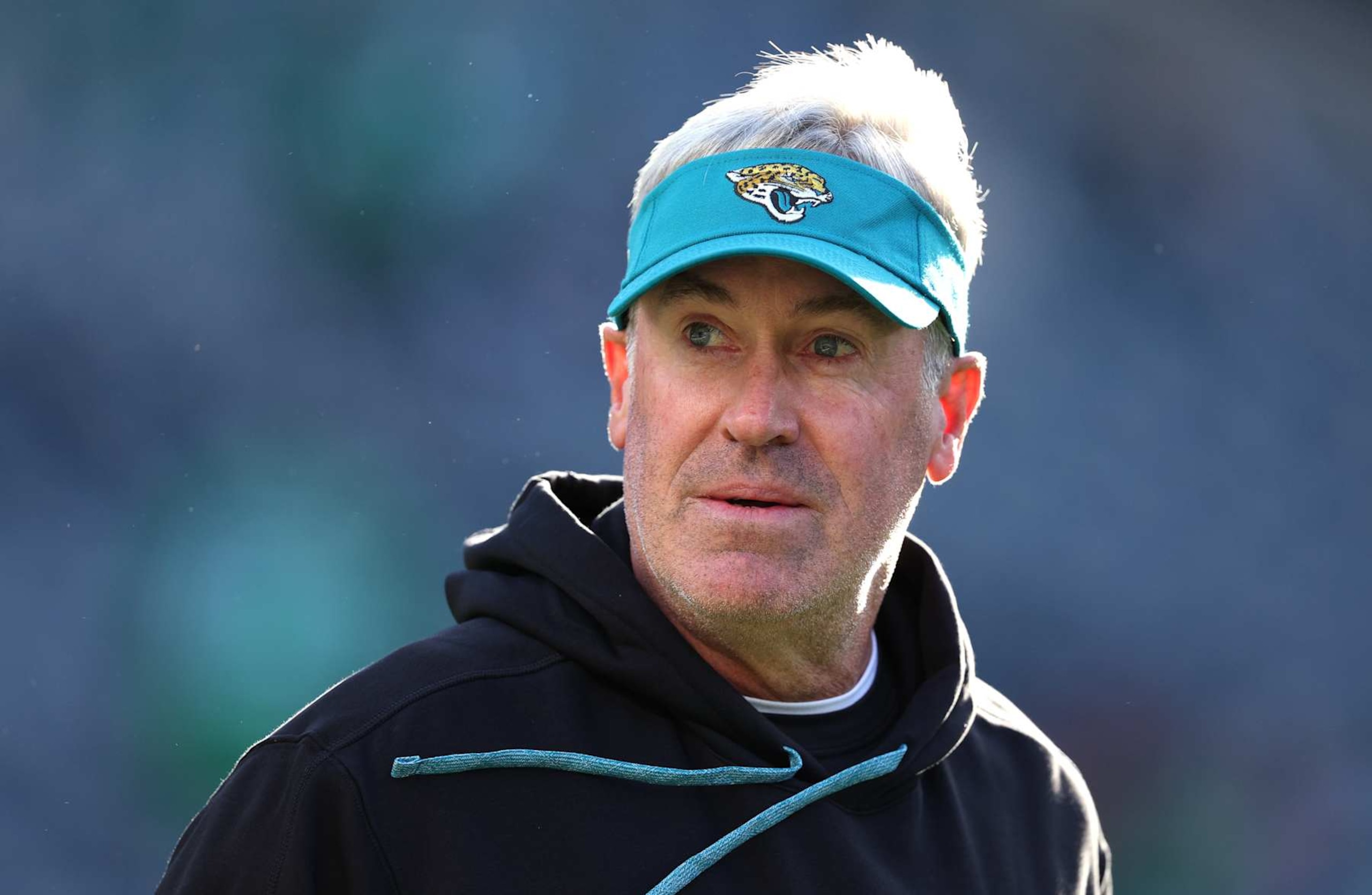 PHILADELPHIA, PENNSYLVANIA - NOVEMBER 03: Head coach Doug Pederson of the Jacksonville Jaguars looks on prior to a game against the Philadelphia Eagles at Lincoln Financial Field on November 03, 2024 in Philadelphia, Pennsylvania. (Photo by Elsa/Getty Images)