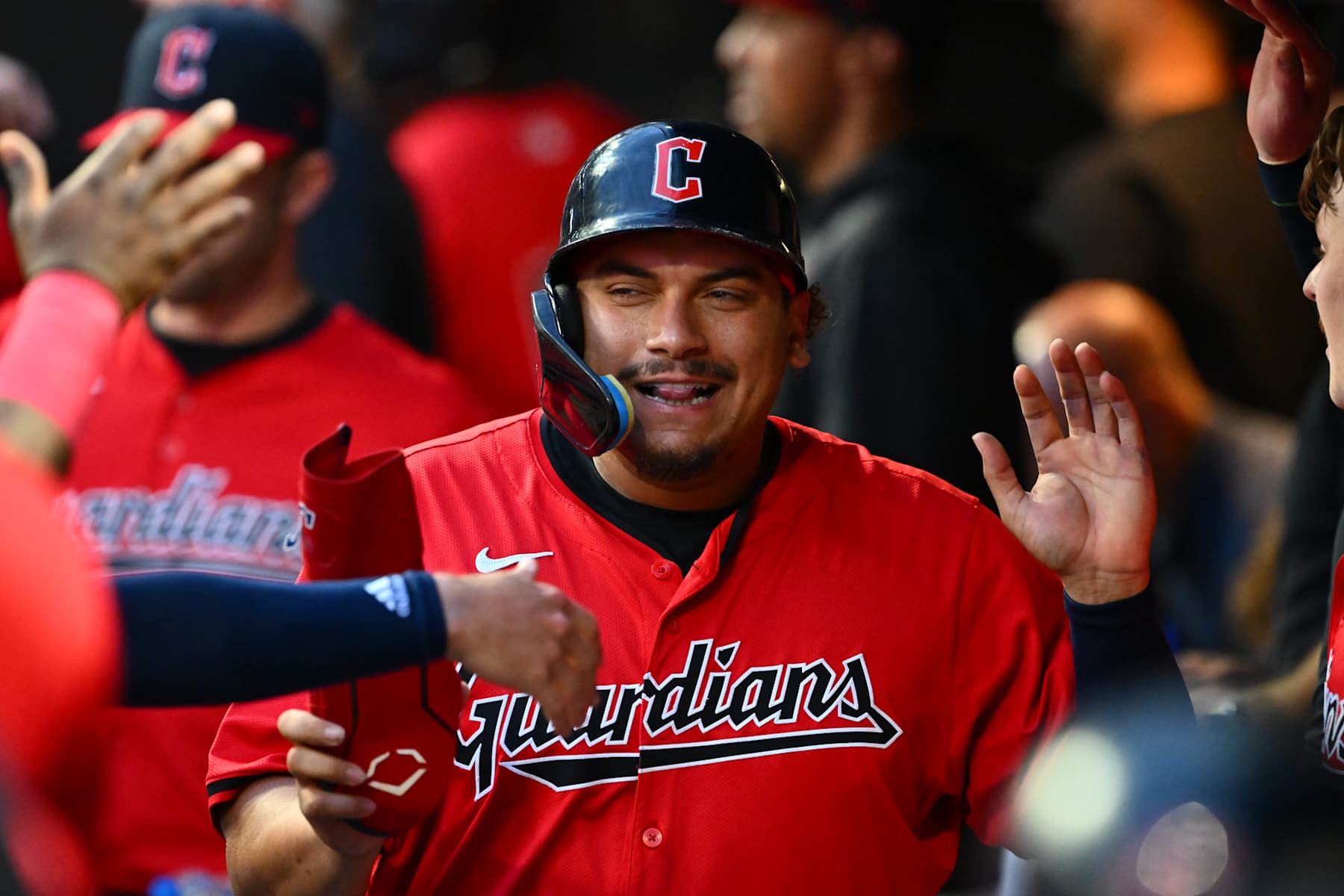 CLEVELAND, OHIO - SEPTEMBER 24: Josh Naylor #22 of the Cleveland Guardians celebrates after scoring during the first inning against the Cincinnati Reds at Progressive Field on September 24, 2024 in Cleveland, Ohio. (Photo by Jason Miller/Getty Images)